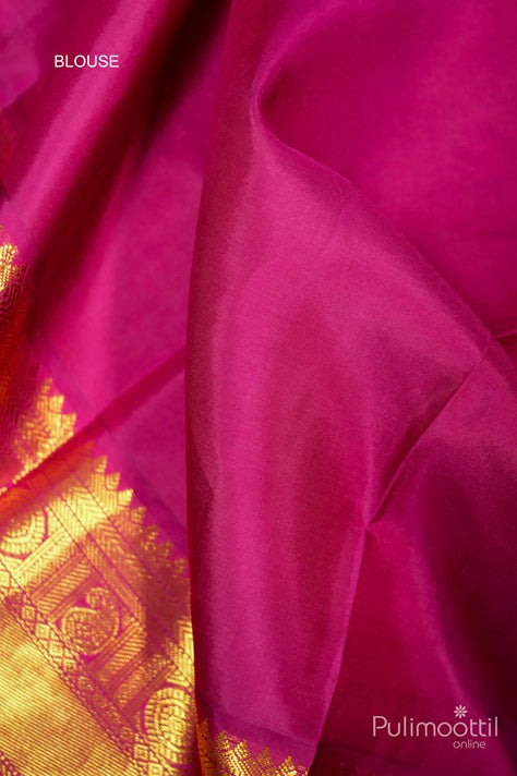 Close-up of Magenta Blouse with Golden Zari Border, Complementing the Off White Kanchipuram Silk Saree.