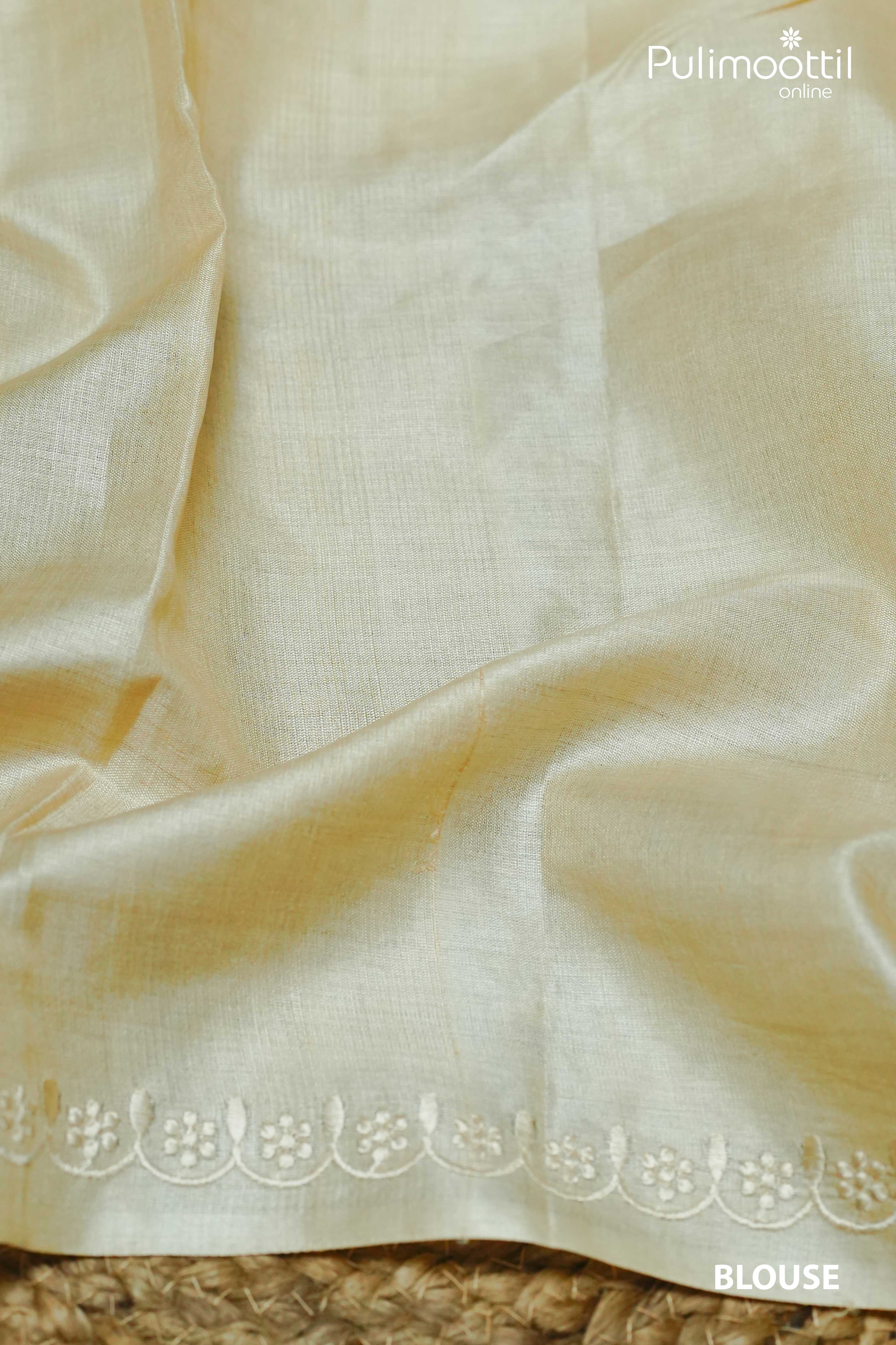 Off White Colour Tussar Silk Saree. Floral Aplic Work Scallop Border.
