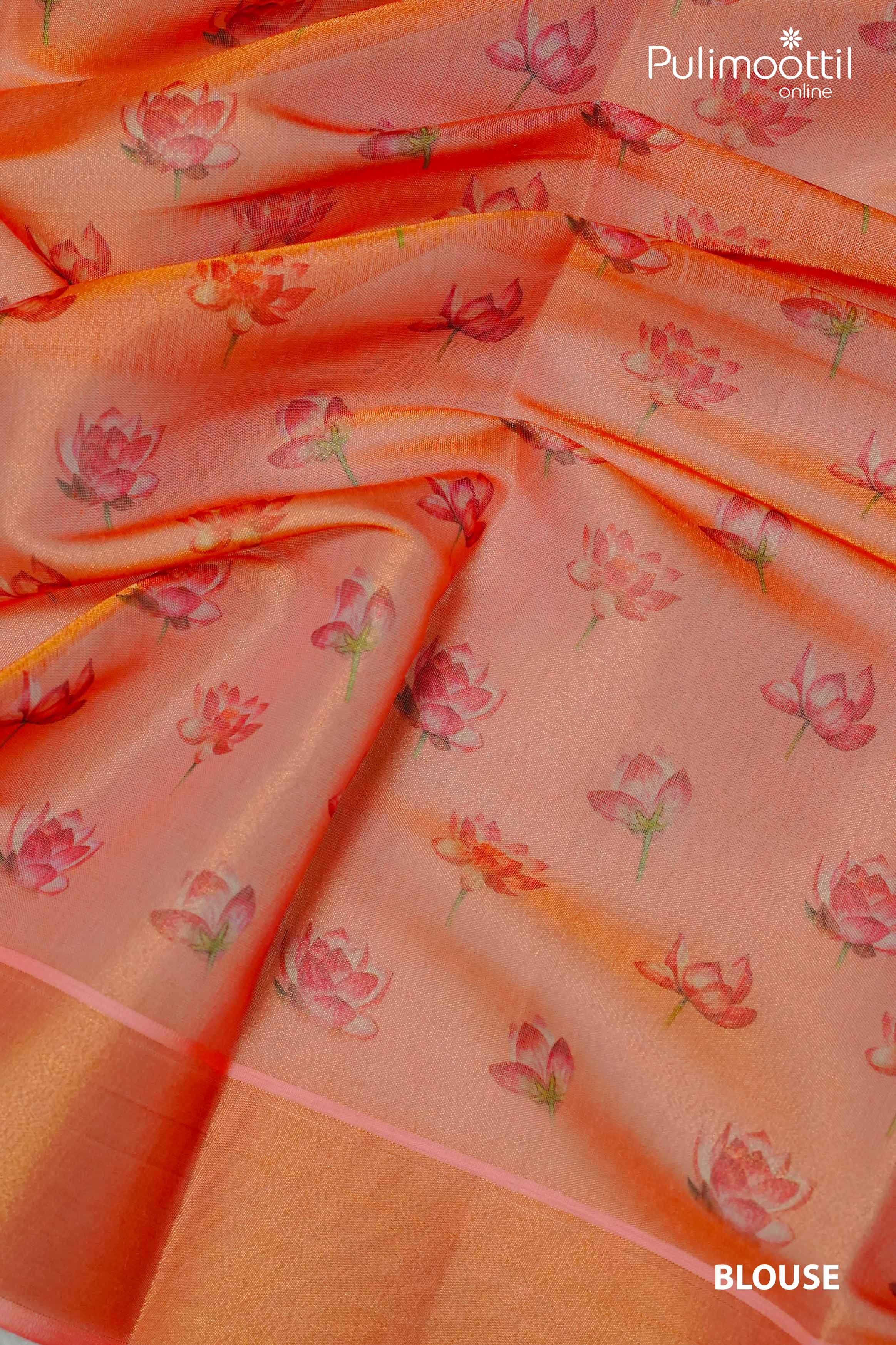 Orange Kerala tissue saree blouse piece with all-over small lotus flower print and subtle tissue border.