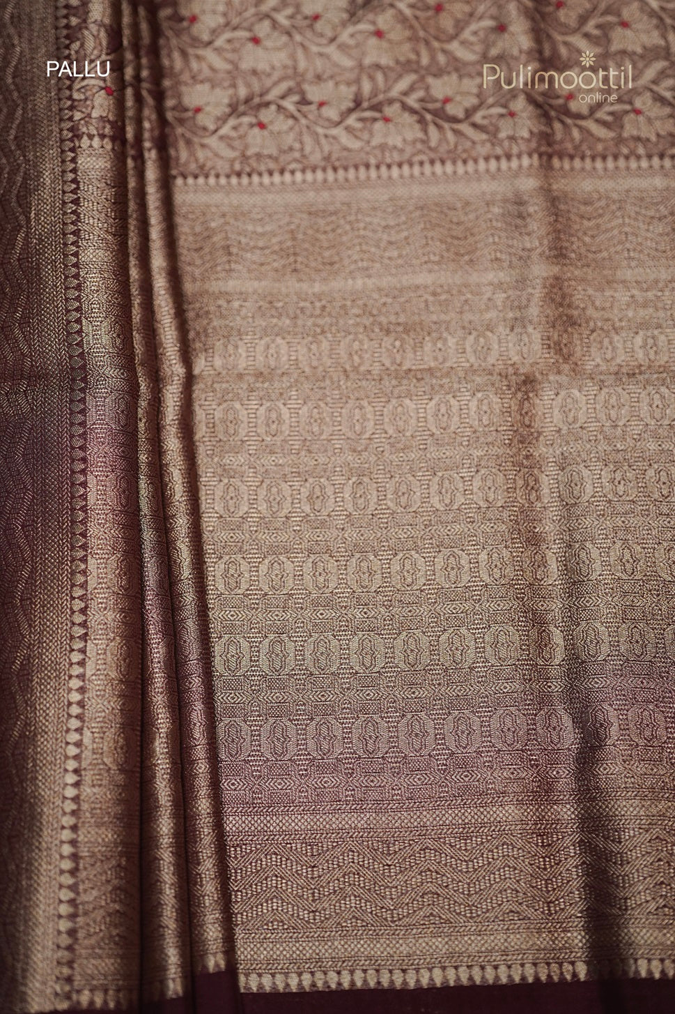 Detailed shot of the Saree Pallu showing geometric zari weaving (likely Kanjivaram or Banarasi style) and a floral band near the header.