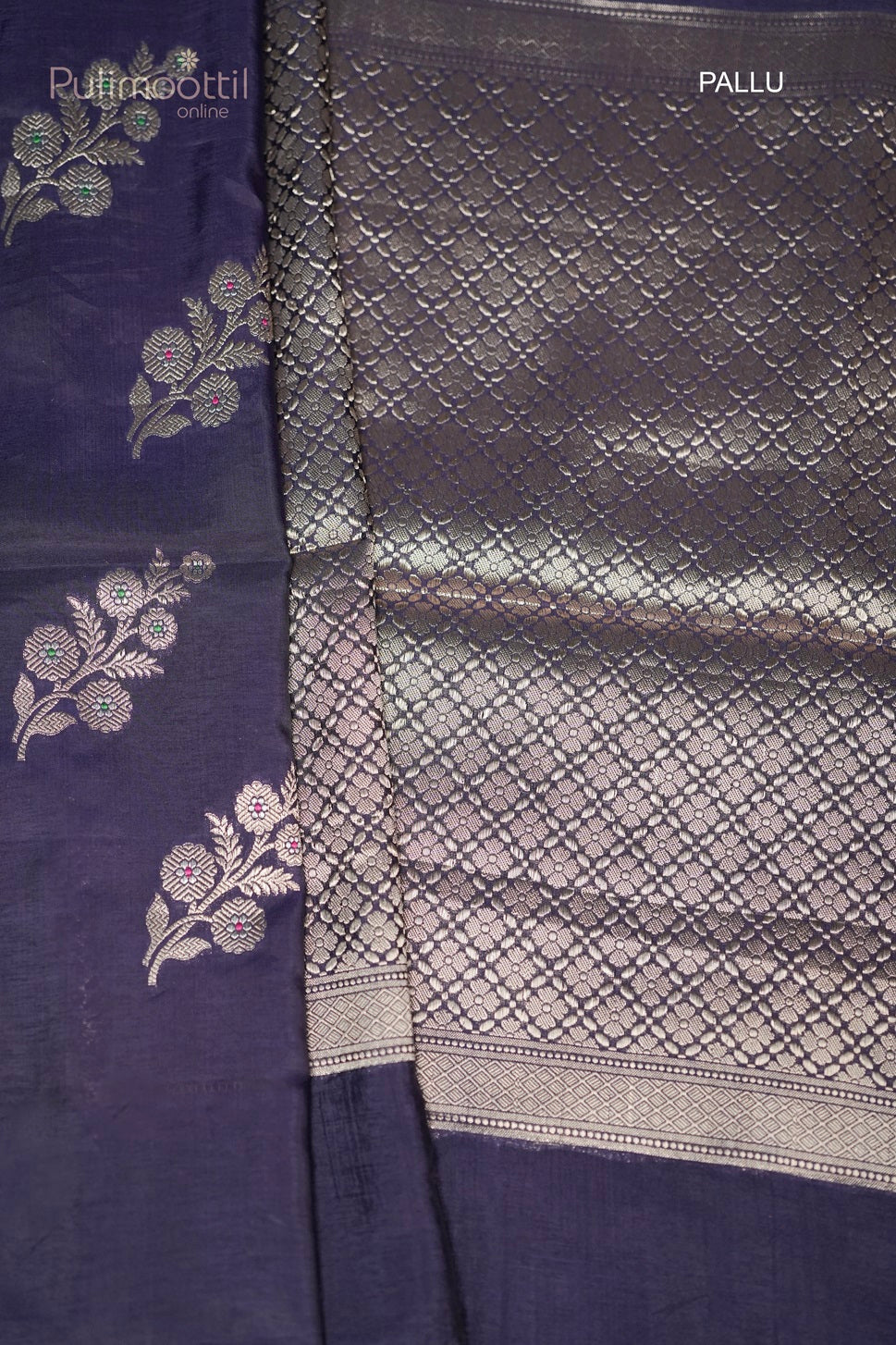 Full view of designer pallu in dark violet Chiniya silk saree with intricate golden weaving, perfect for wedding saree, bridal saree, or elegant party wear.