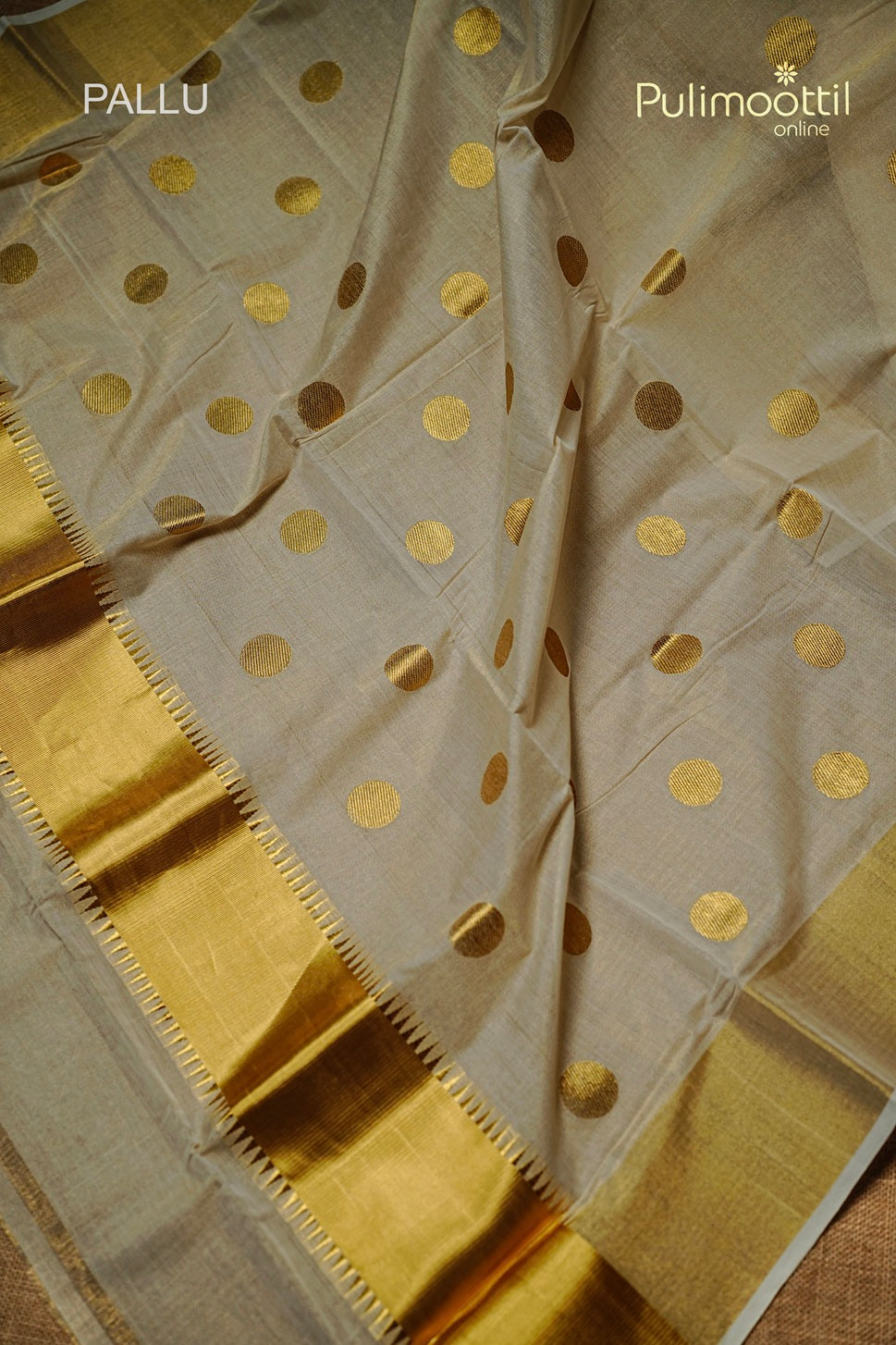 Kerala Traditional Golden Tissue Polka Dots Handloom Set Saree