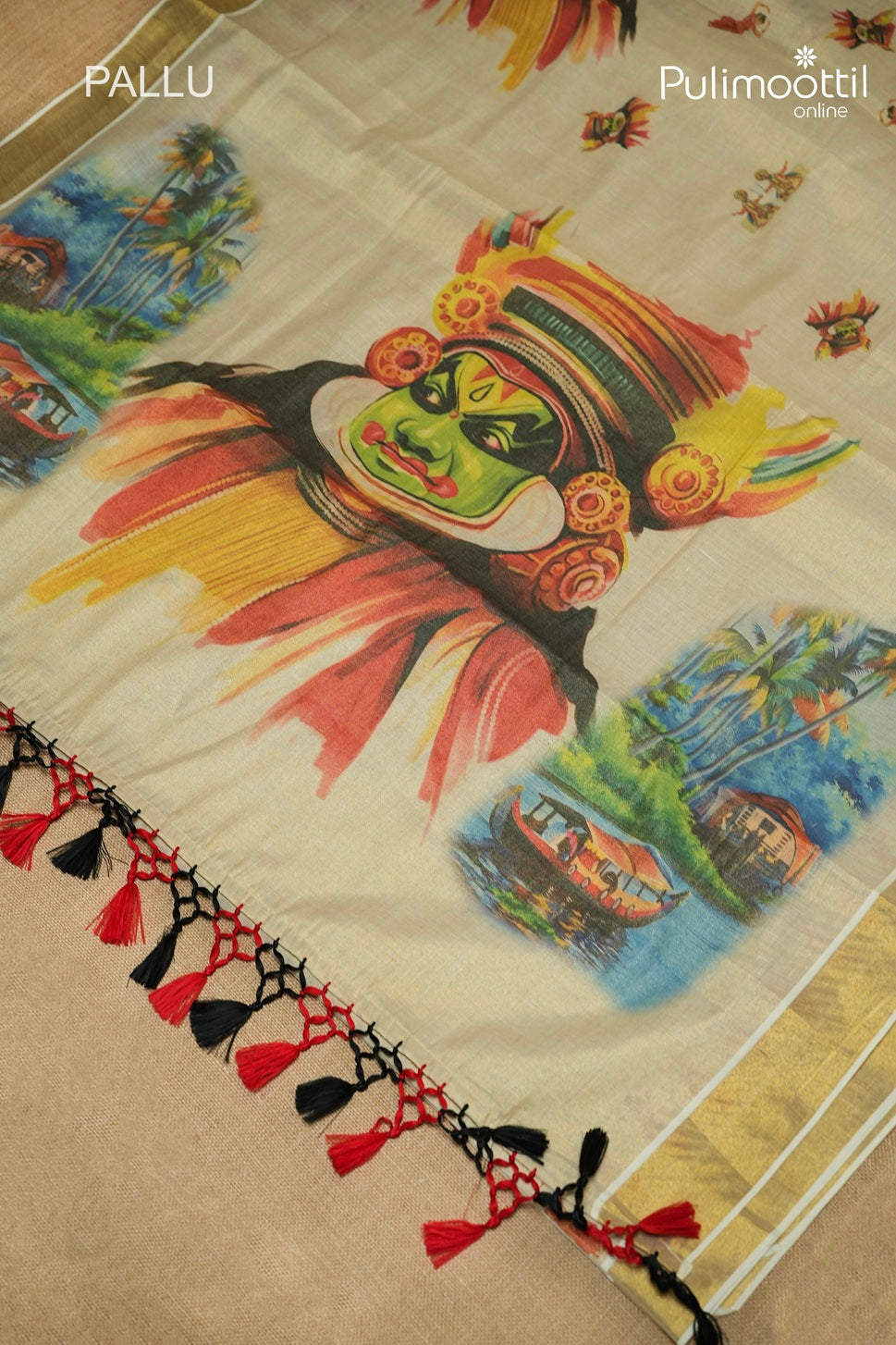 Kerala Traditional Golden Tissue Kathakali Printed Set Saree