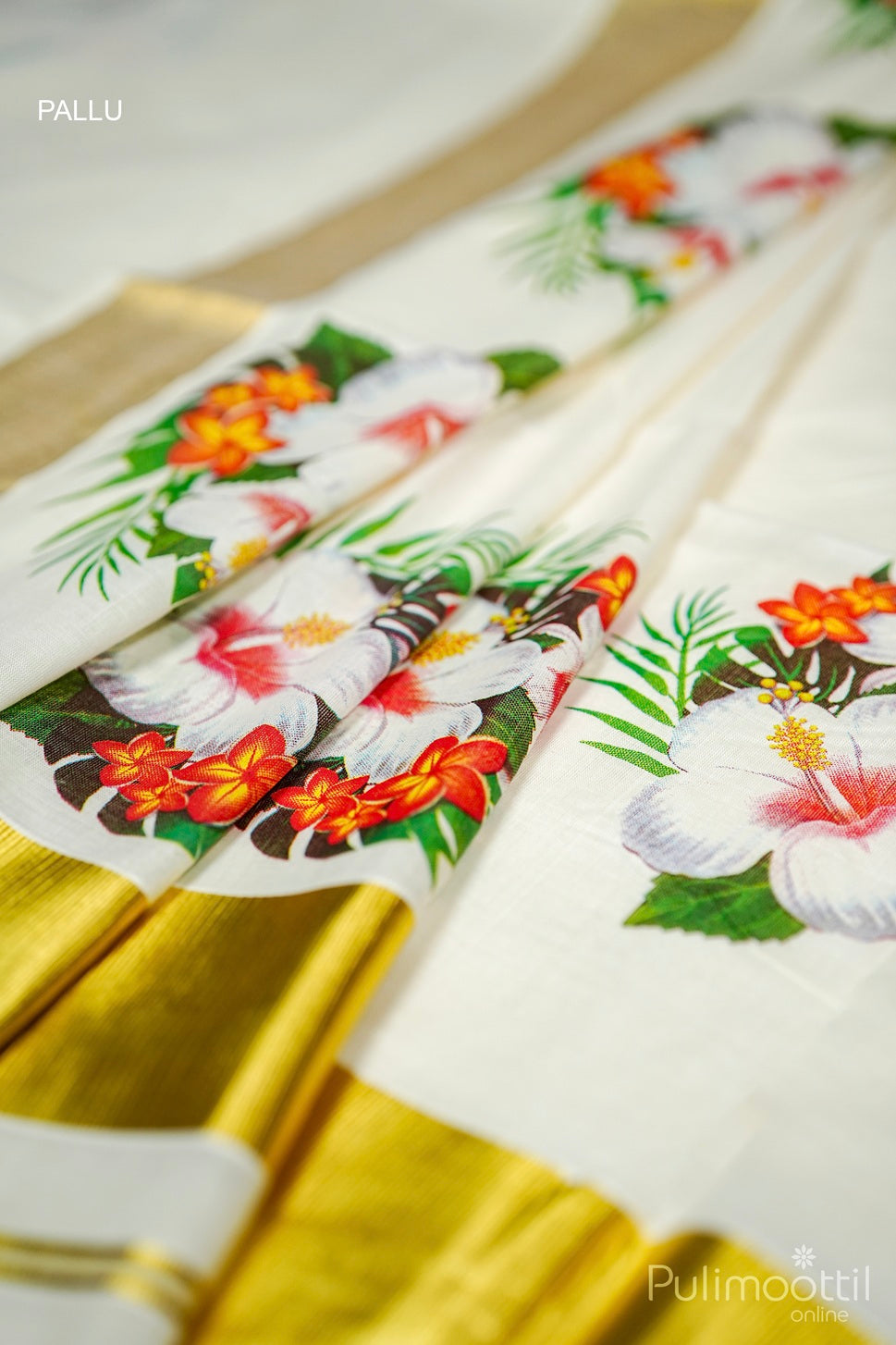 Kerala Cotton Hibiscus Set Saree.