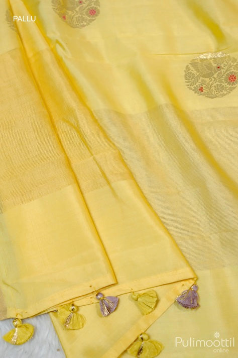Flax Golden Yellow Colour Pure Chiniya Banarasi Silk Saree.