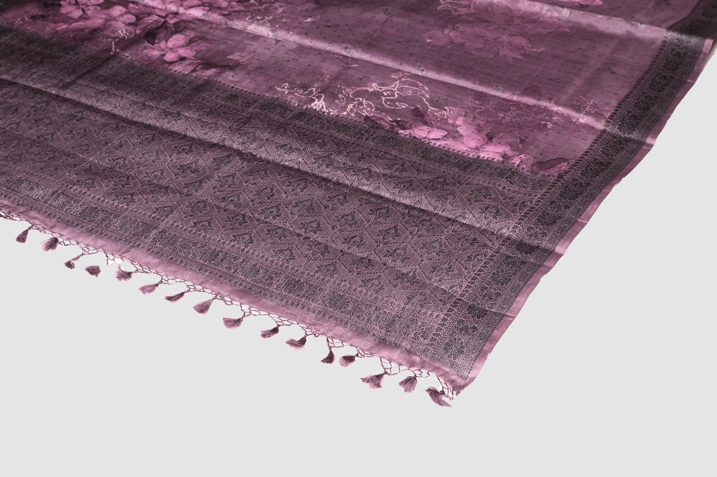 Wine color printed Tusser silk saree .