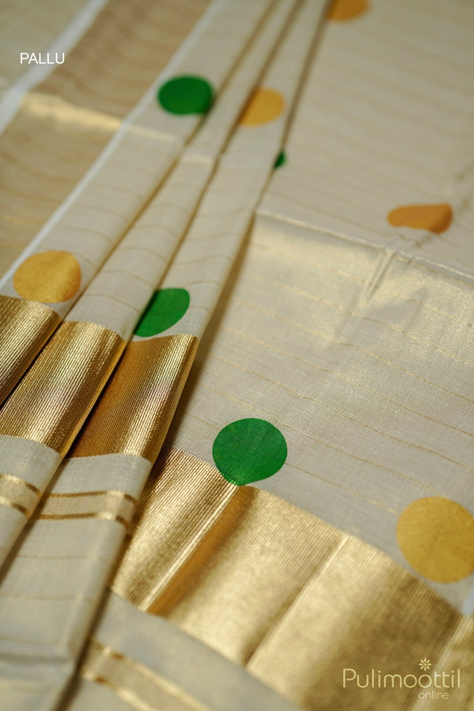 Kerala Golden Tissue Polka Dot Set Saree.