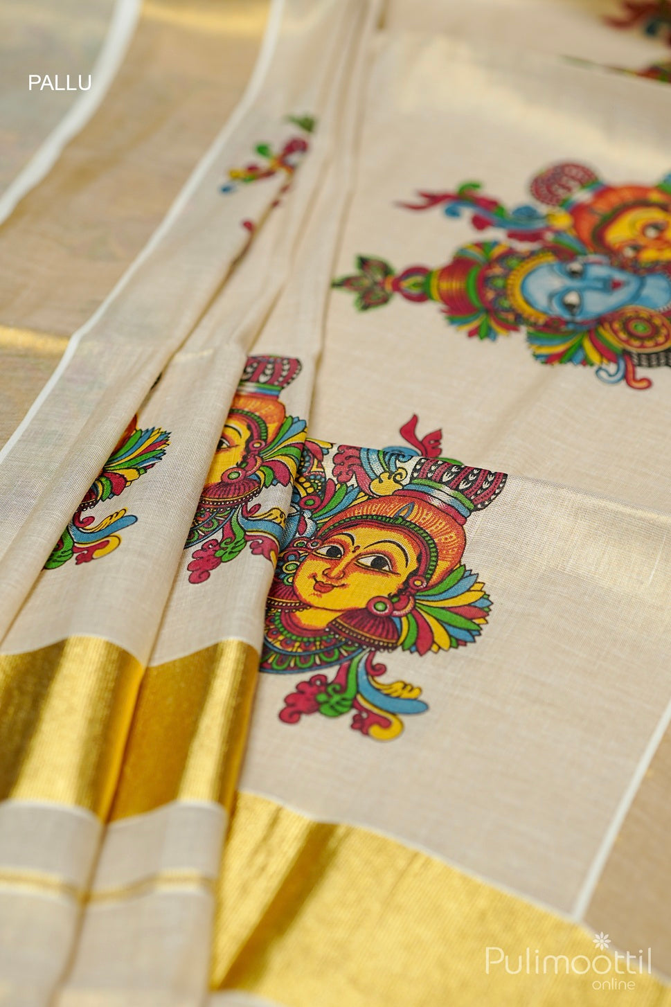 Kerala Golden Tissue Mural Print Set Saree.