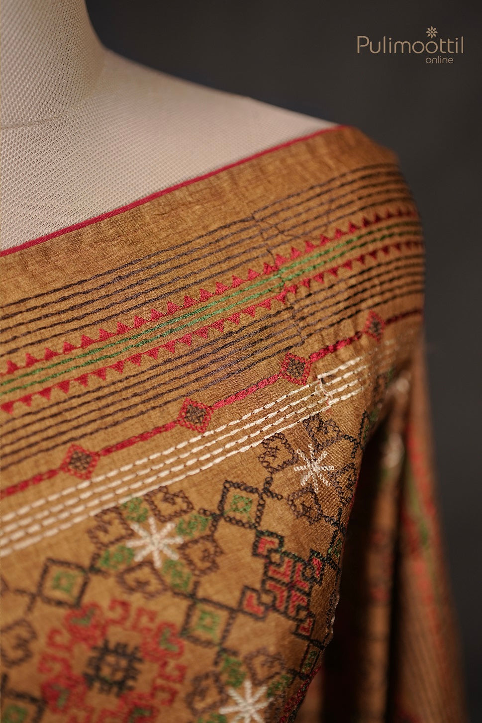 Chickoo Colour Semi Tussar Kantha Work Embroidery Saree