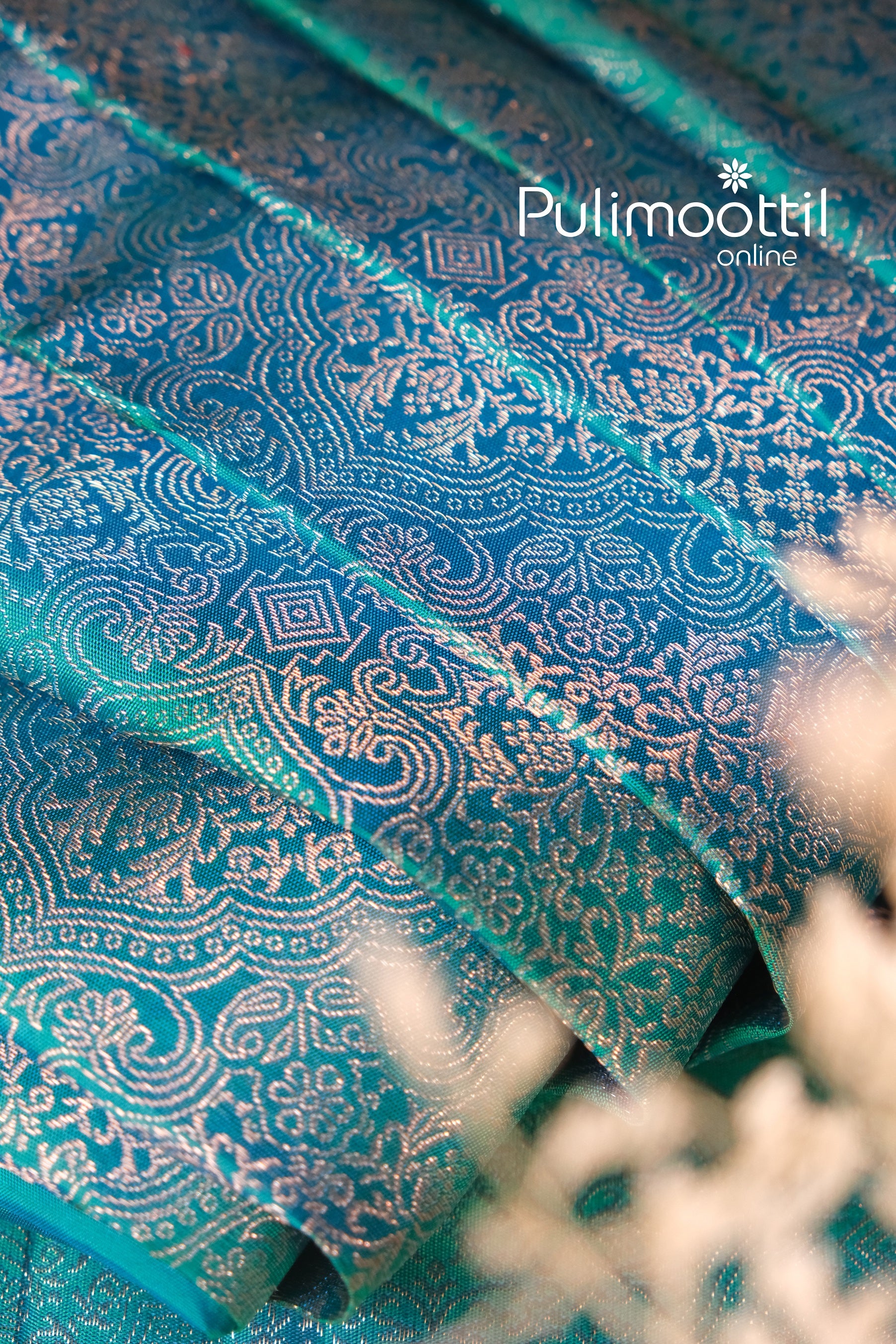 Pleated view of peacock green Kanchipuram silk saree with intricate silver motifs, a graceful choice for South Indian brides and bridal ceremonies.