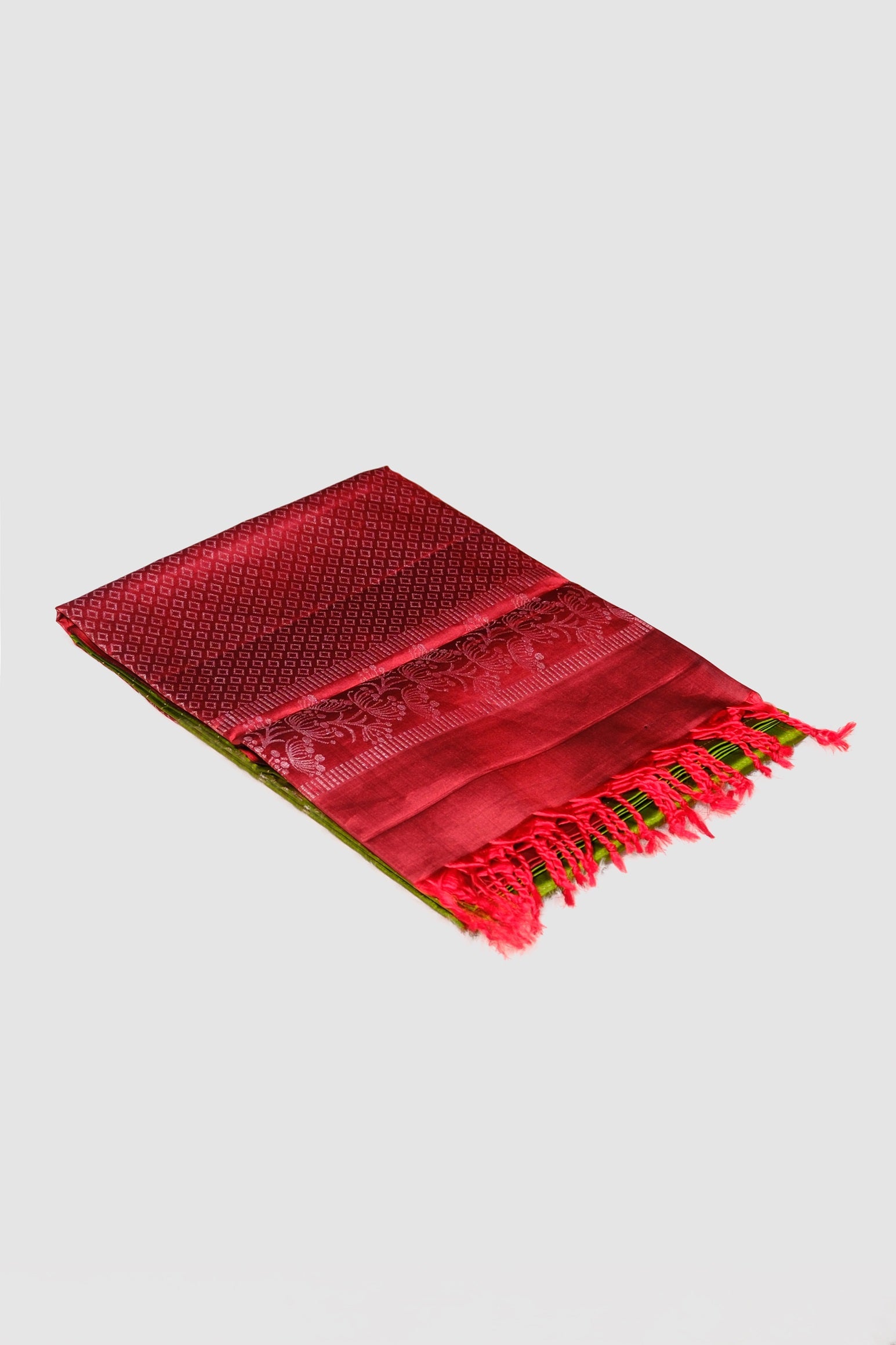 Parrot green & Red color pure soft silk saree.