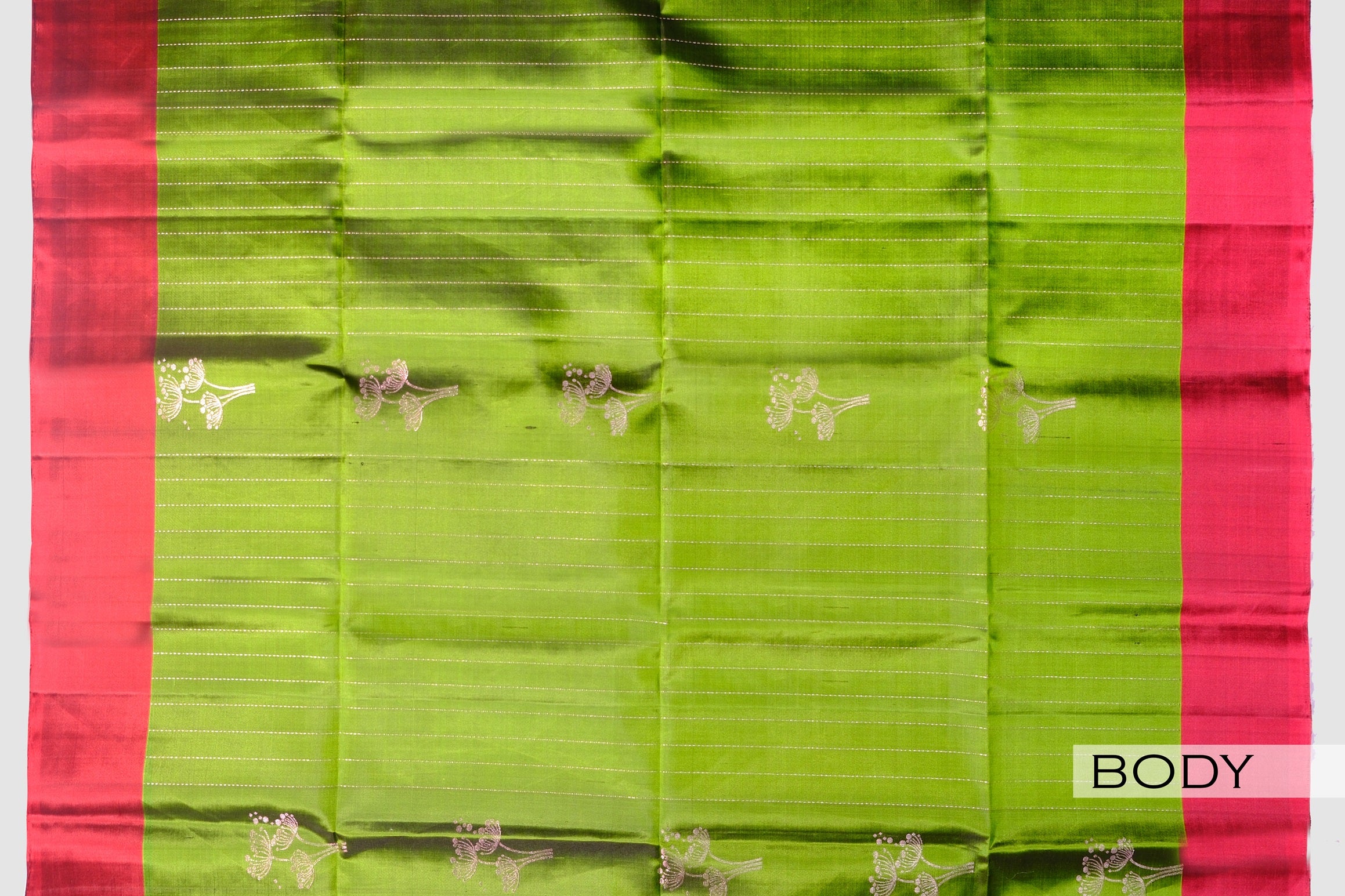 Parrot green & Red color pure soft silk saree.