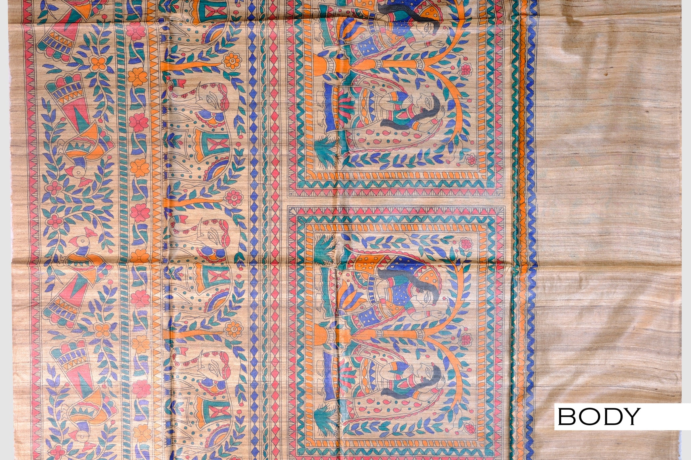 Chiku color Madhubani print jute silk saree
