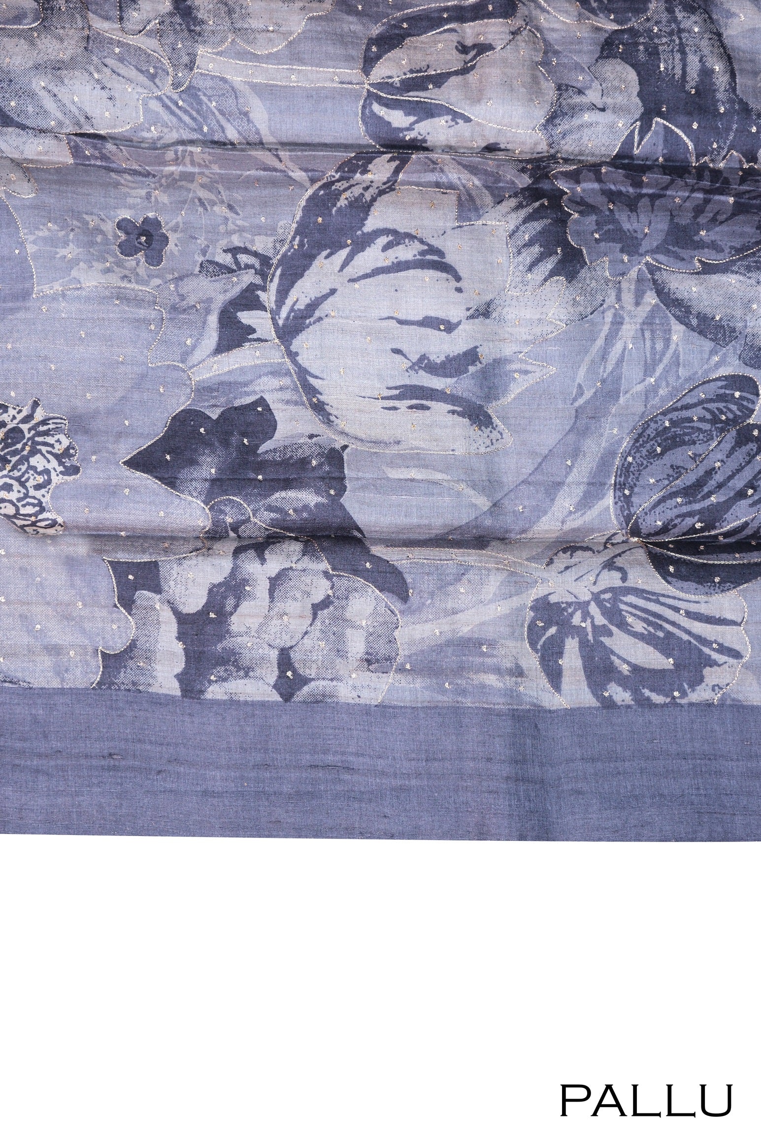 Grey color printed pure Tusser silk saree.