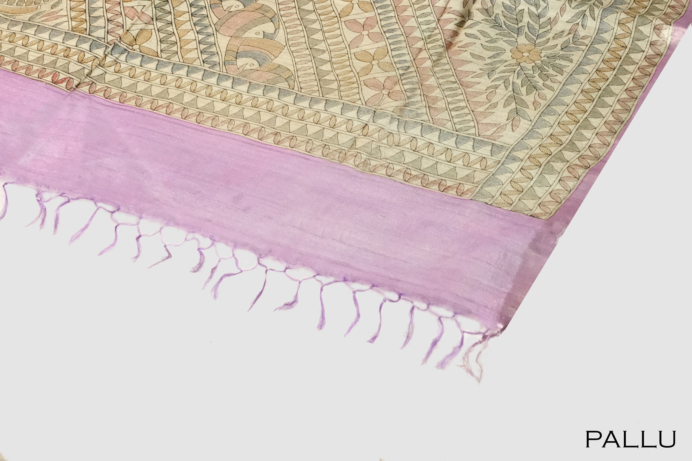 Light Lavender color printed Tusser linen saree.