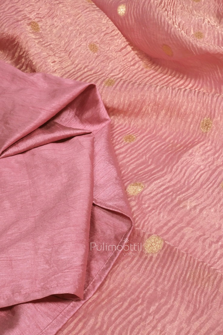 Back view of pastel pink organza saree showcasing delicate pallu detailing and soft fabric drape