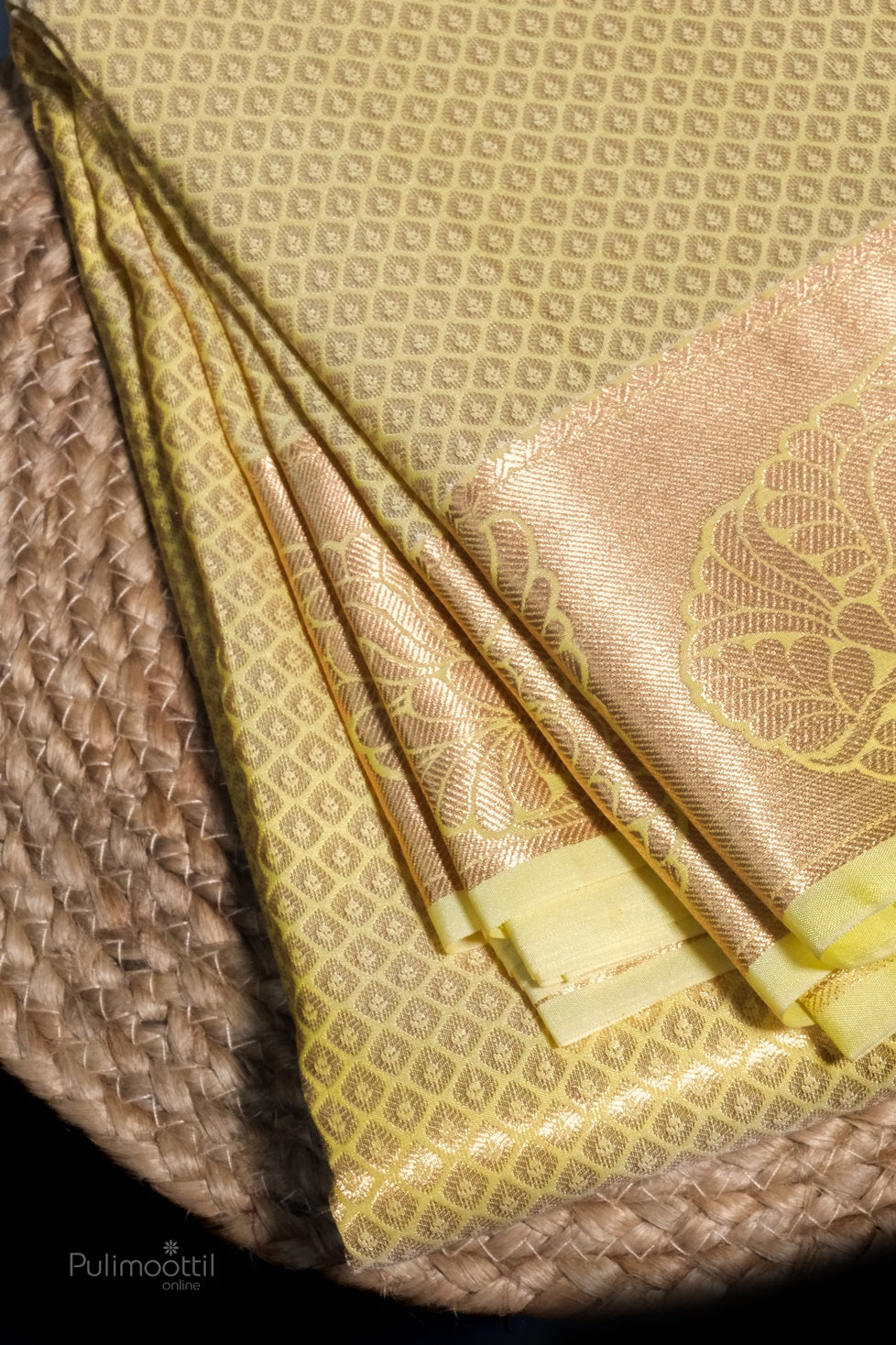 Close-up of the saree pallu showcasing detailed gold floral and geometric motifs in Kanchipuram silk.