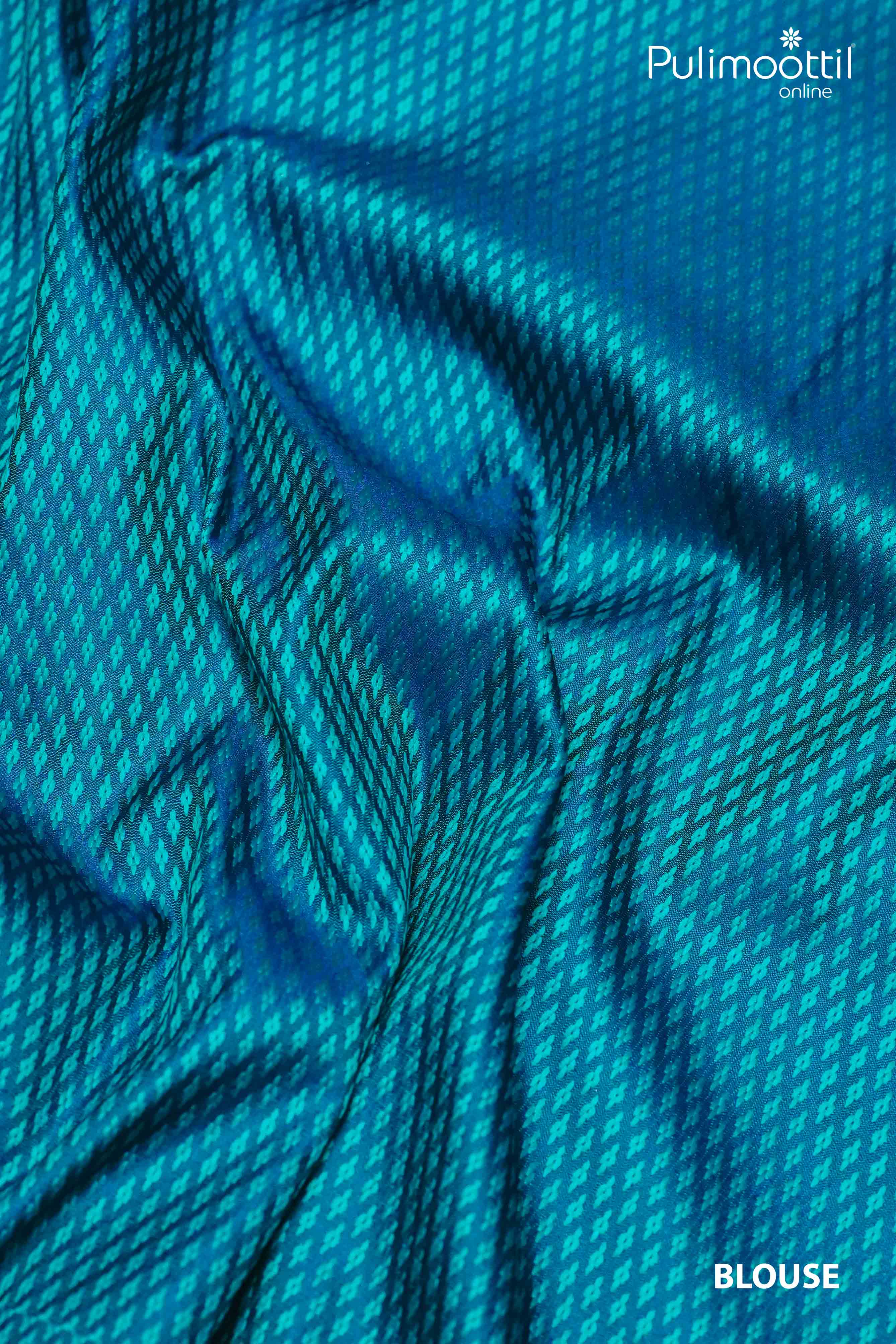 Matching blouse fabric in peacock blue Banarasi silk with self-threaded diamond motifs – Pulimoottil Online