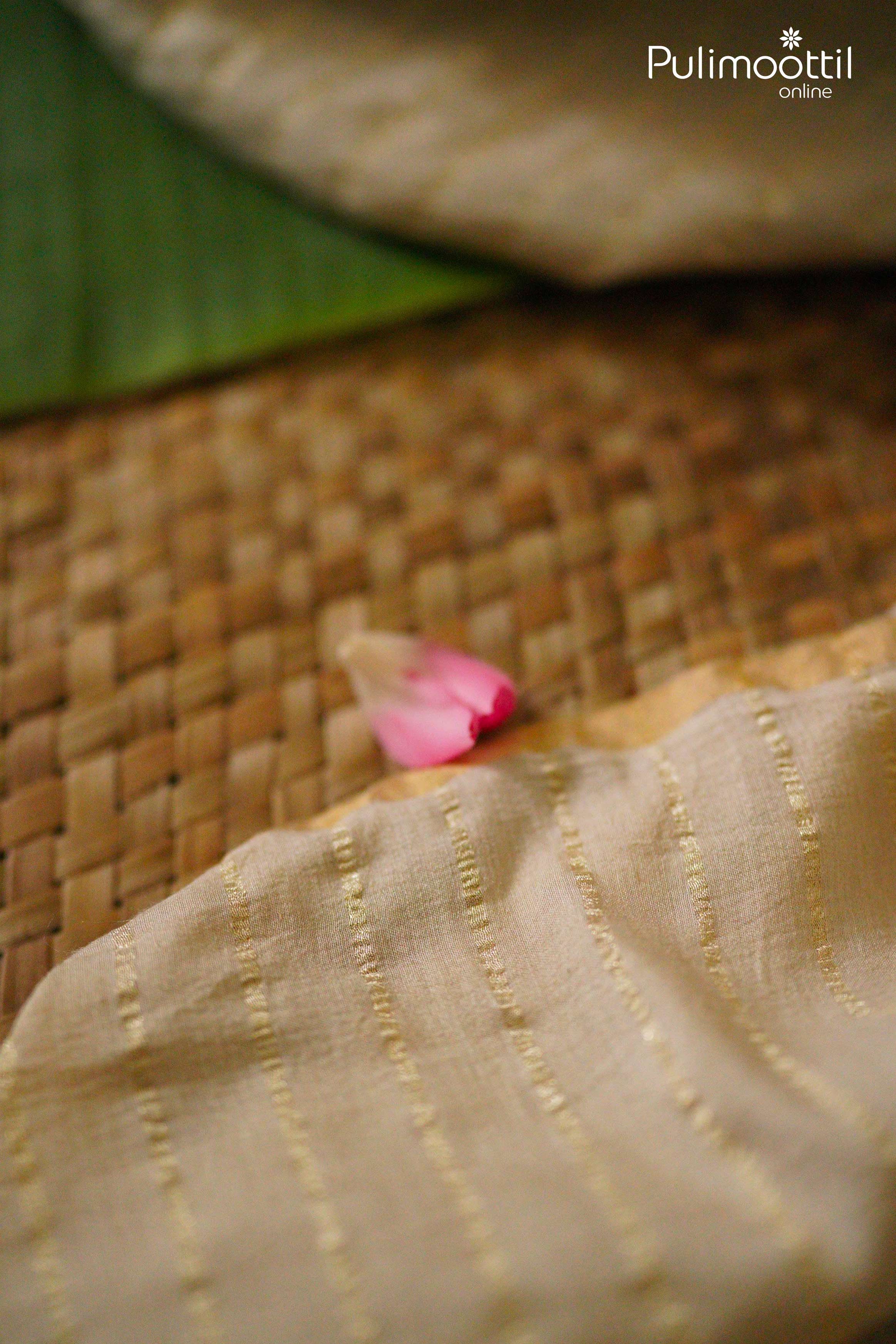 Close-up of cream pure silk tissue saree with silver zari stripes and thin gold border, elegant fabric texture with pink flower petal accent.
