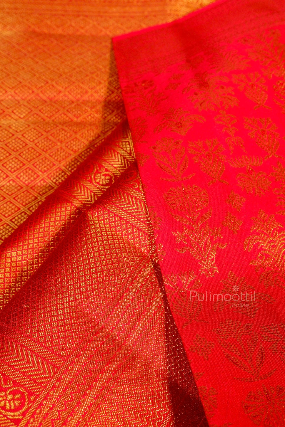 Pleated fall of mustard Kanchipuram bride saree with fine gold zari work