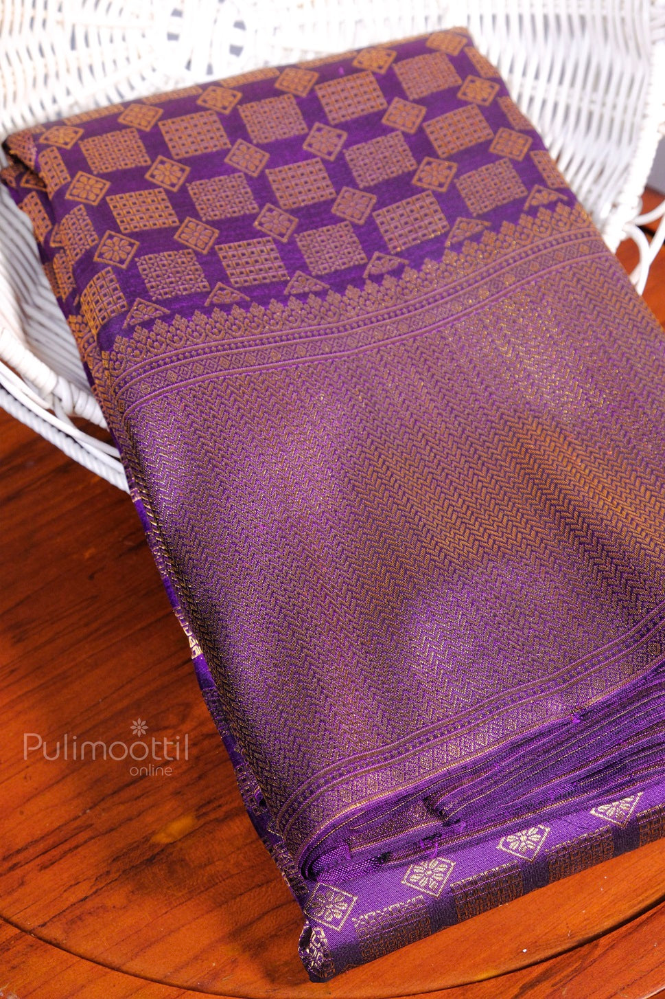 Ripe plum colour Kanchipuram bridal saree pallu with gold temple zari border