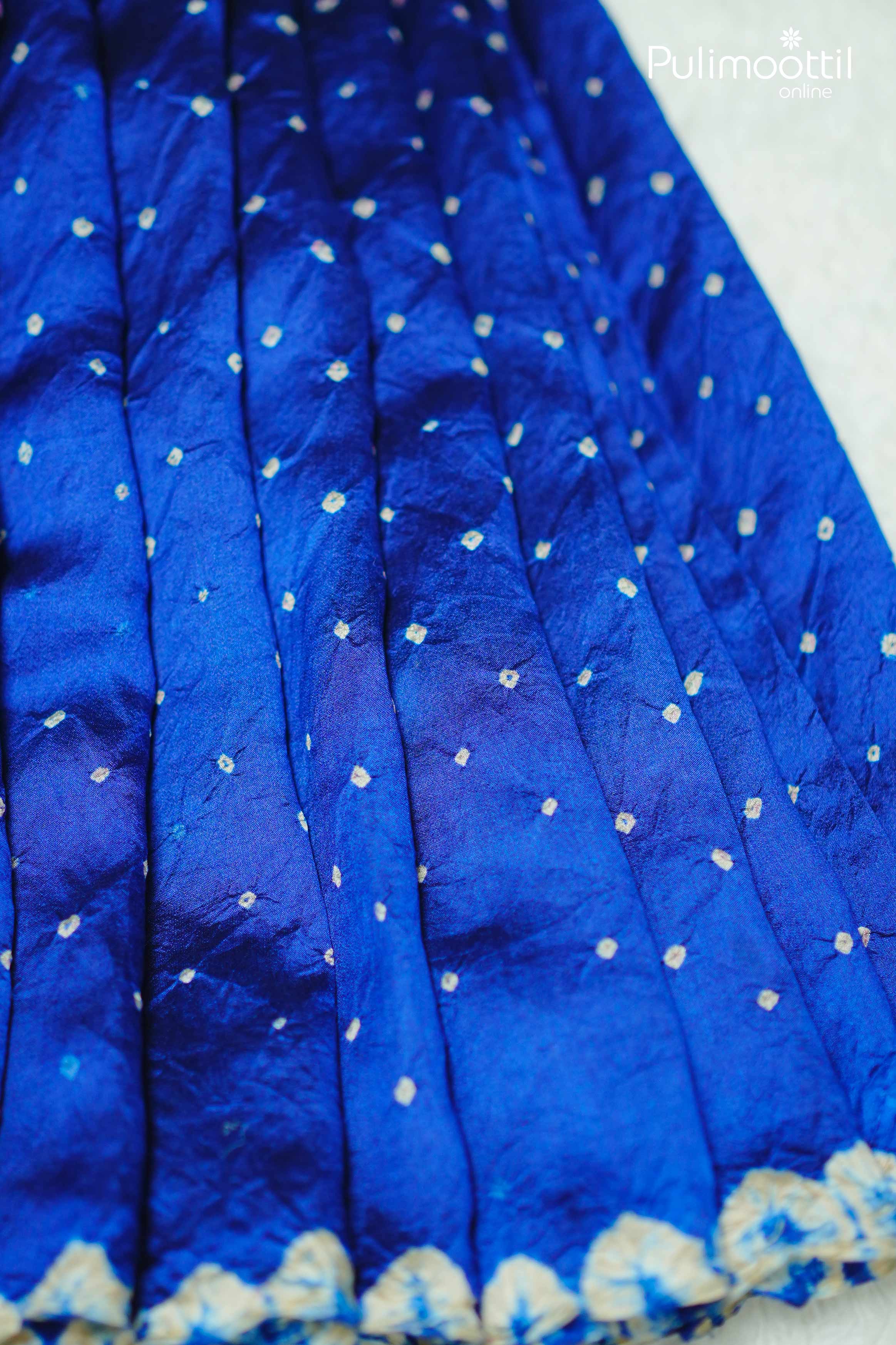 Detailed view of the pleats of a royal blue Tussar silk saree featuring subtle white tie and dye motifs and a floral pattern along the lower border.