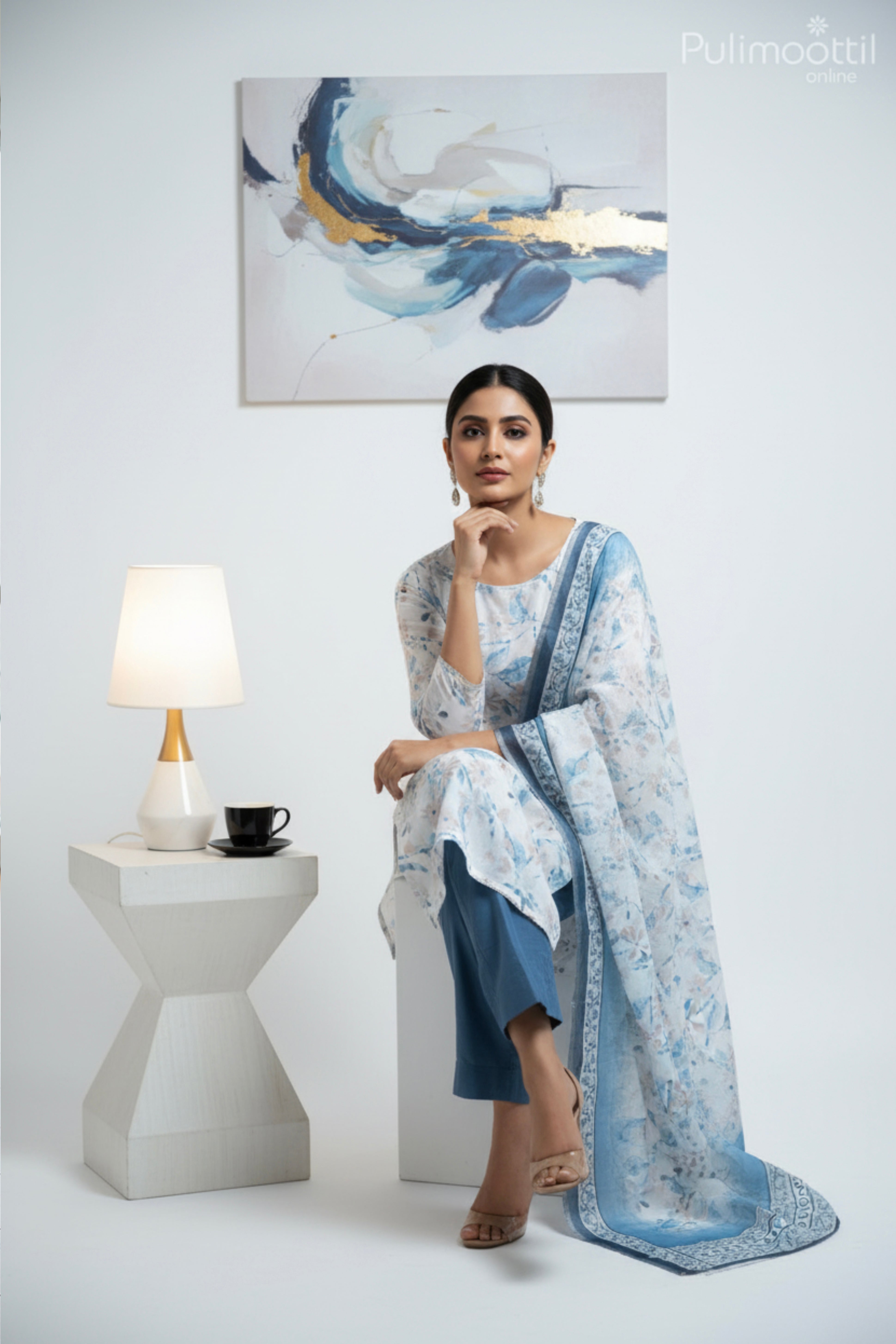 WHITE SEMI LINEN UNSTITCHED SALWAR SET