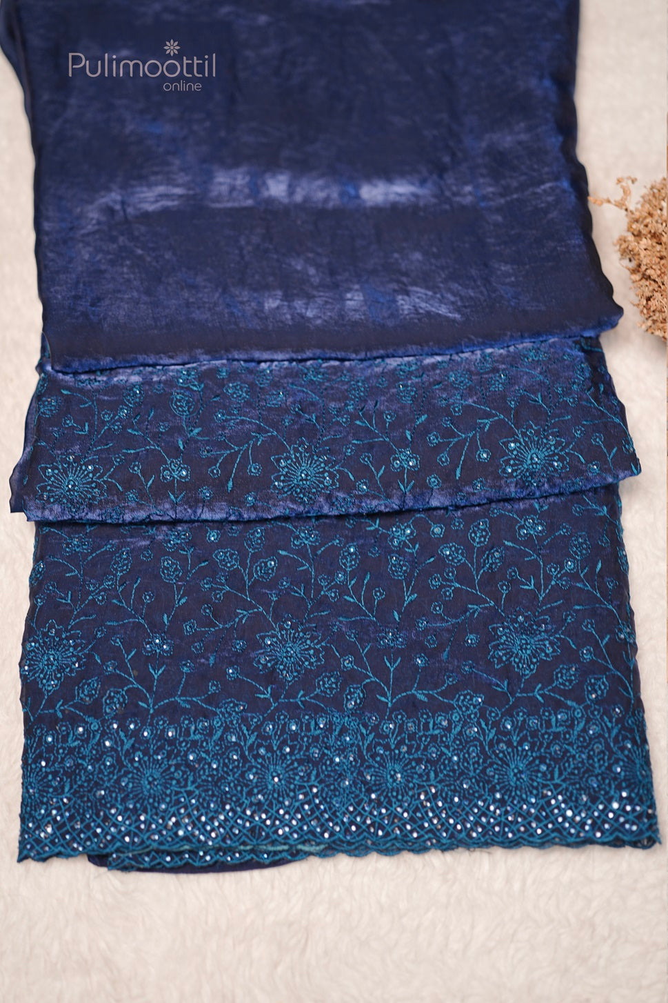 German Blue Colour Velvet Organza Embroidey Saree
