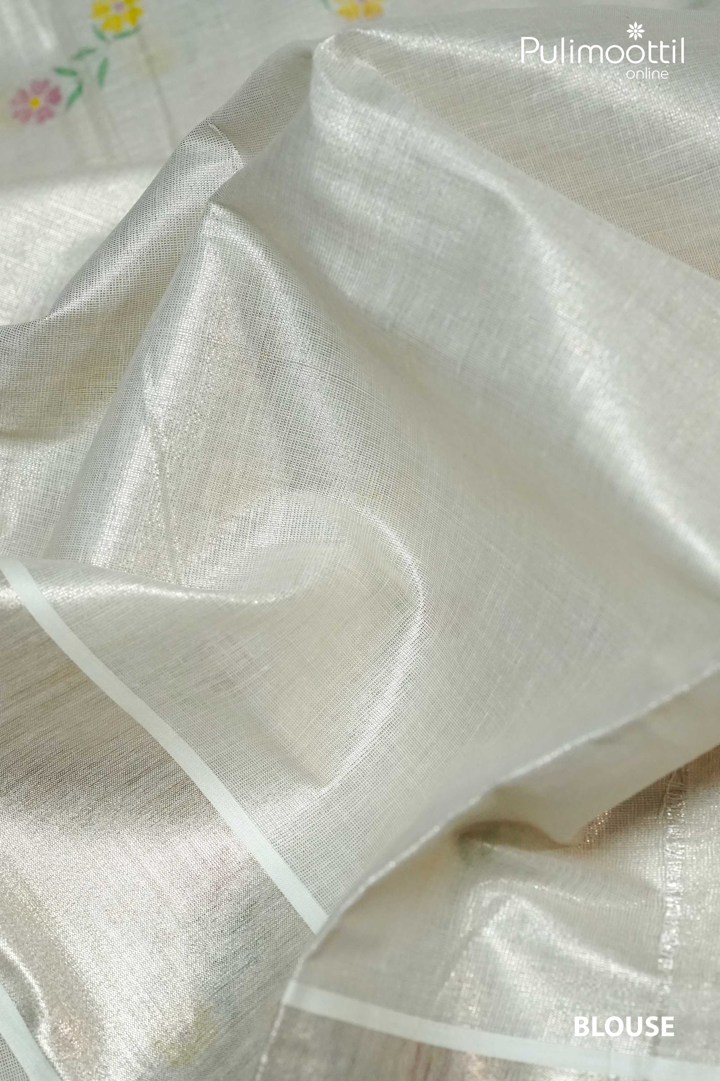 Plain blouse piece with silver tissue border for Kerala saree