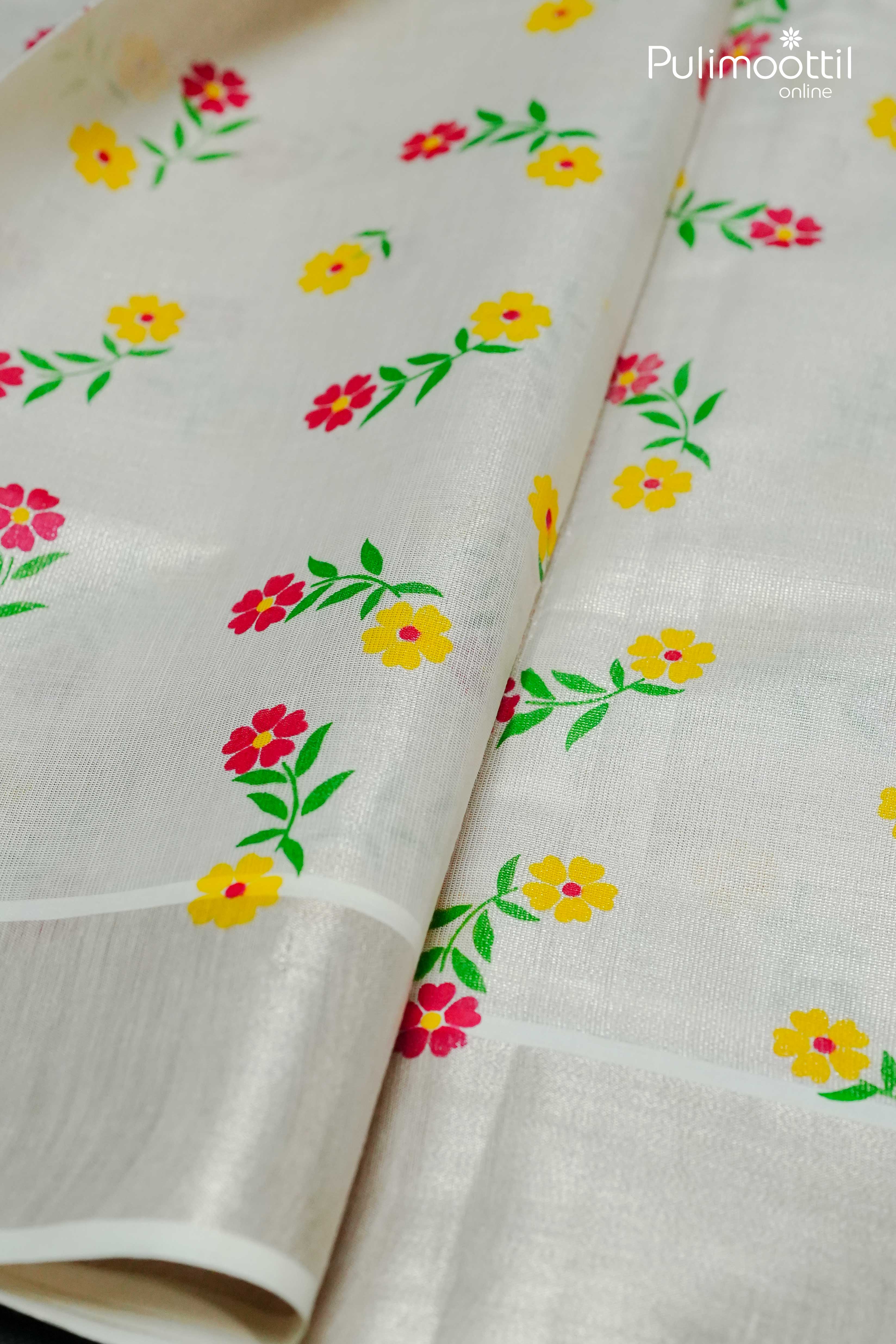 Kerala silver tissue saree body with red and yellow floral prints