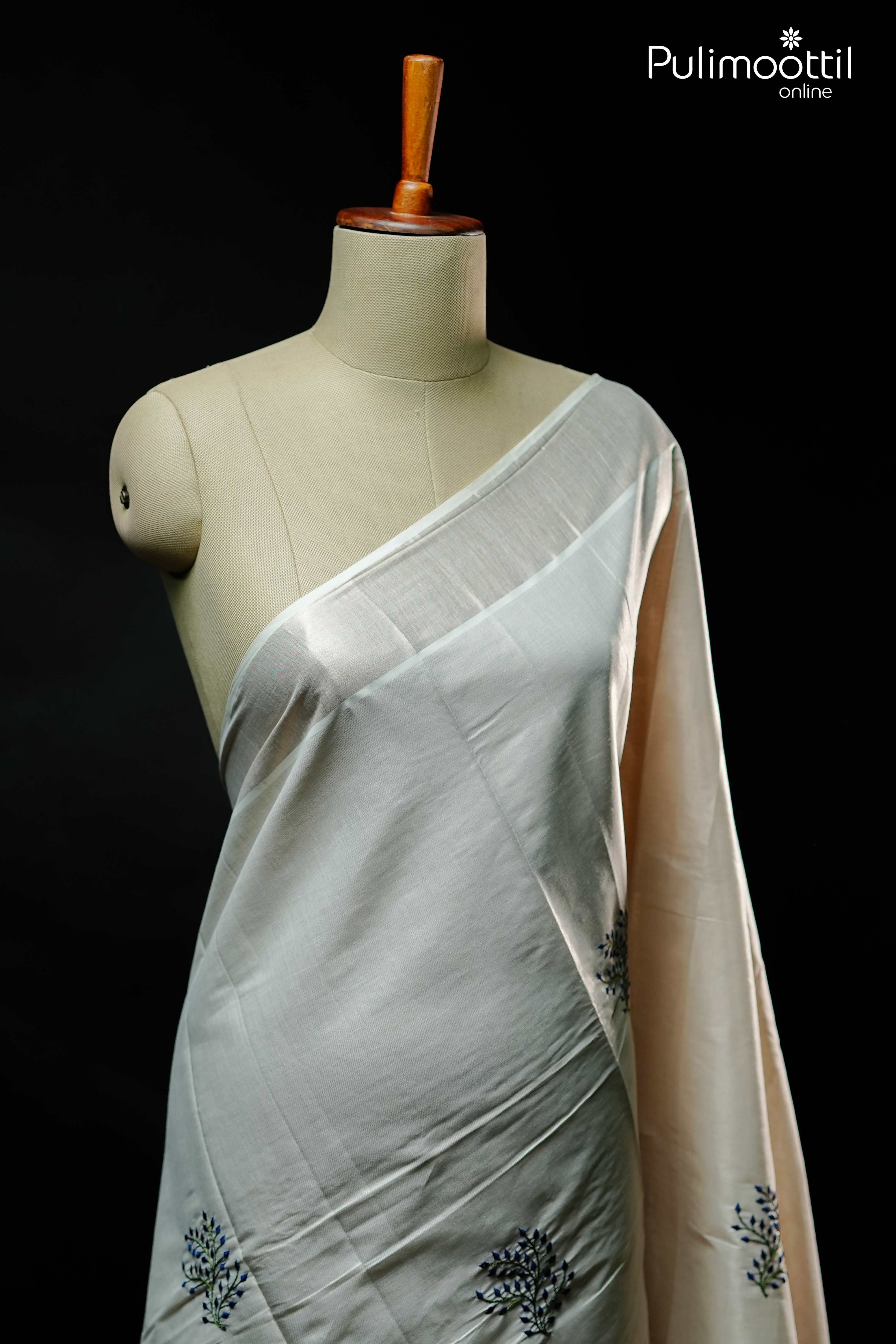 Pulimoottil Silks silver tissue Kerala saree with plain blouse and border