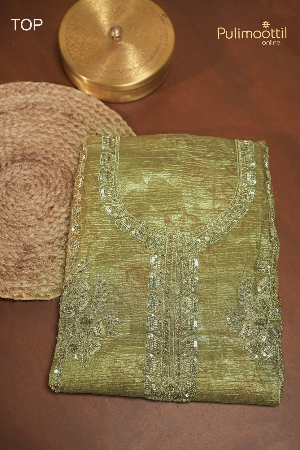 Light Olive Green Crushed Organza Unstitched Salwar Set