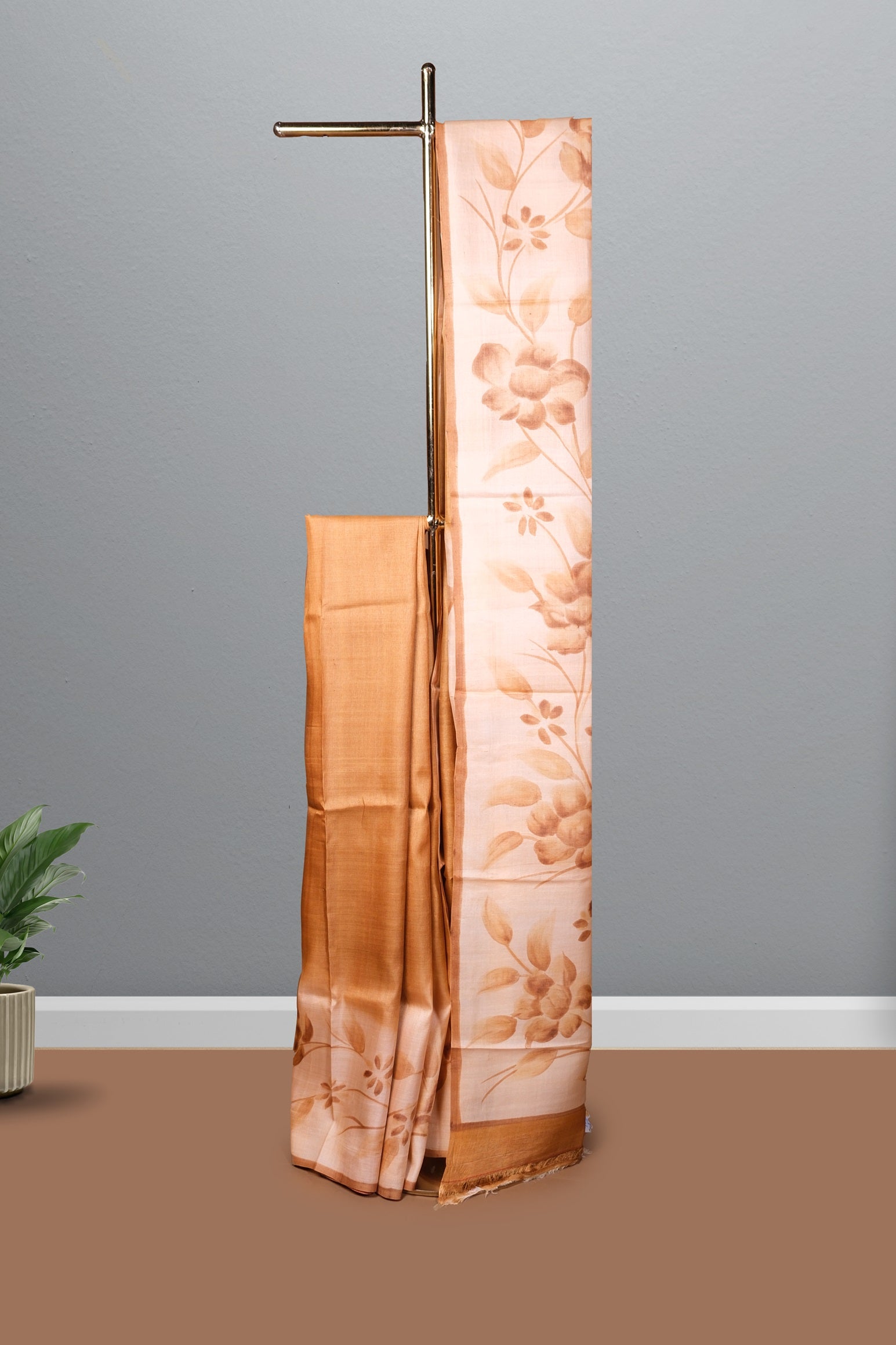 Light golden color printed Tusser silk saree.