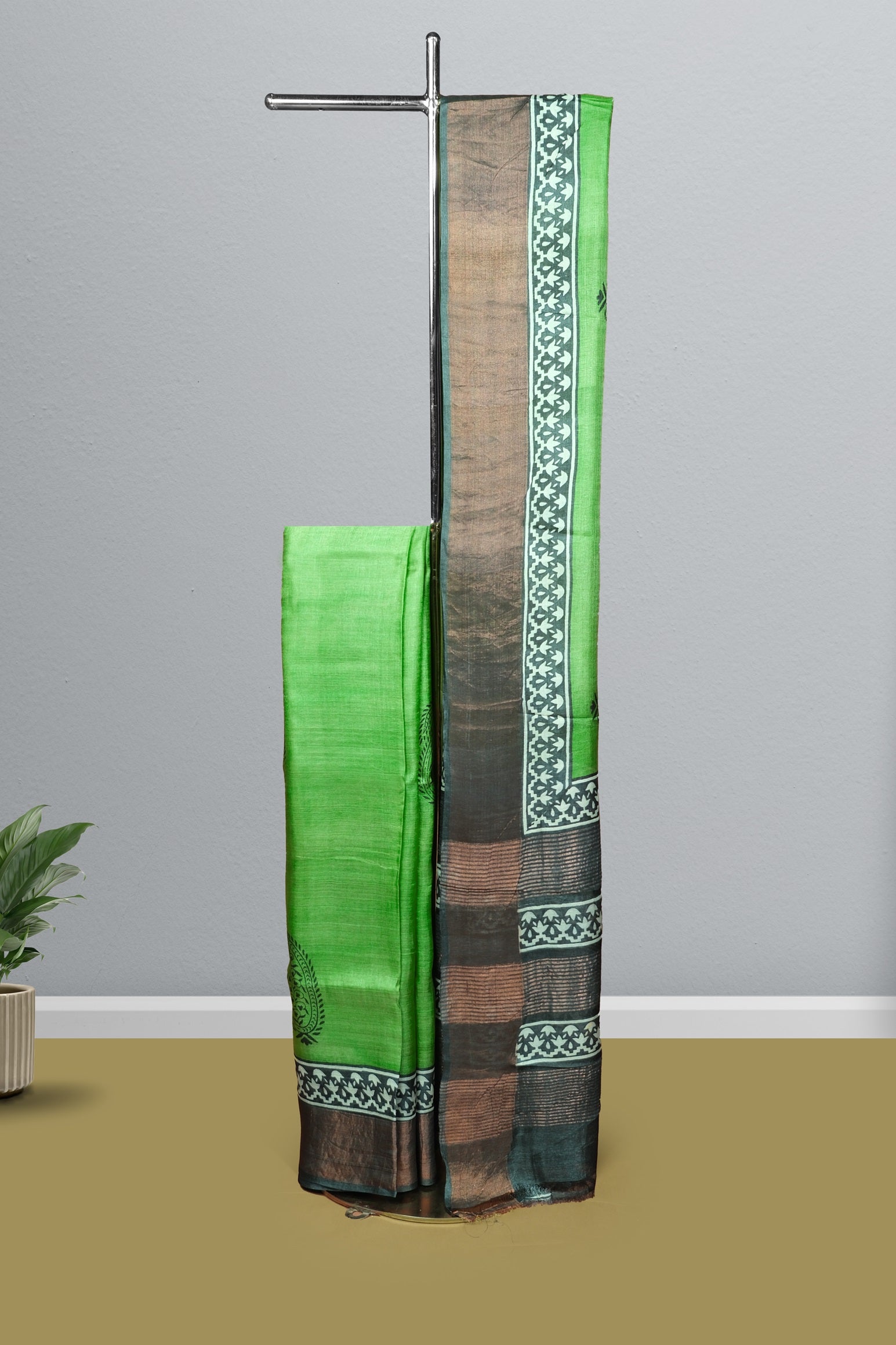 Green color pure Tusser silk saree.