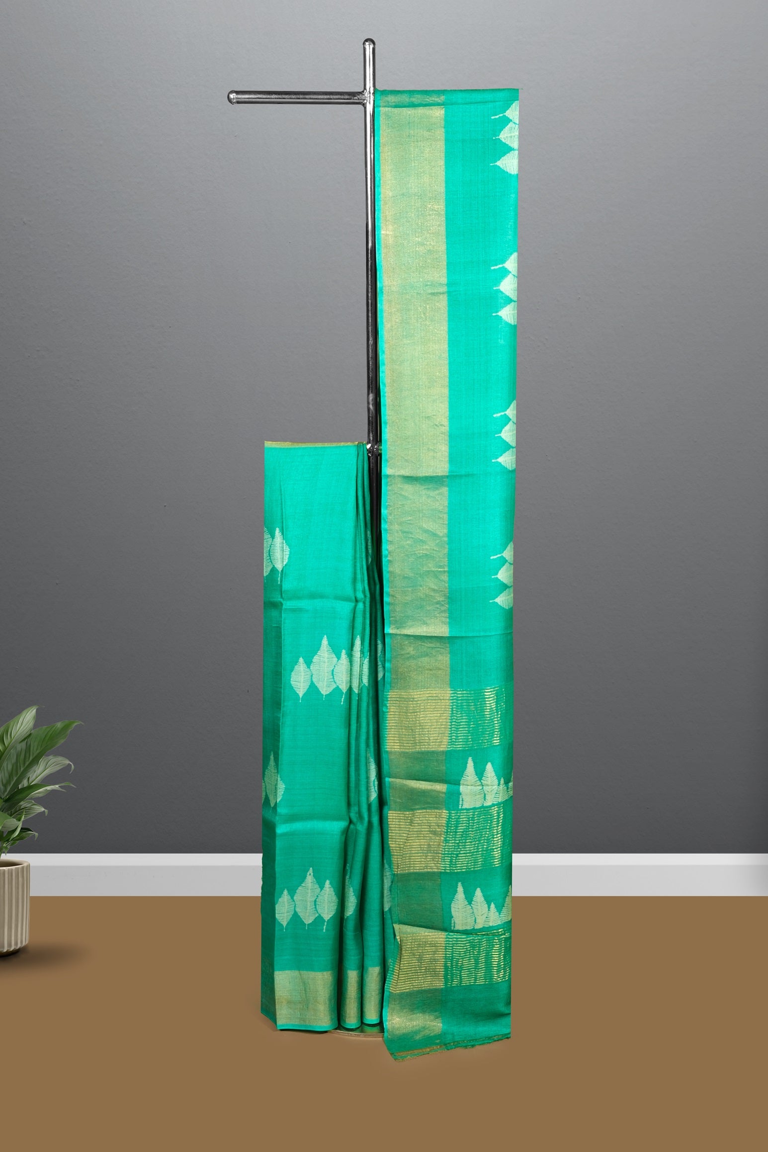 Jade green color pure Tusser silk saree.