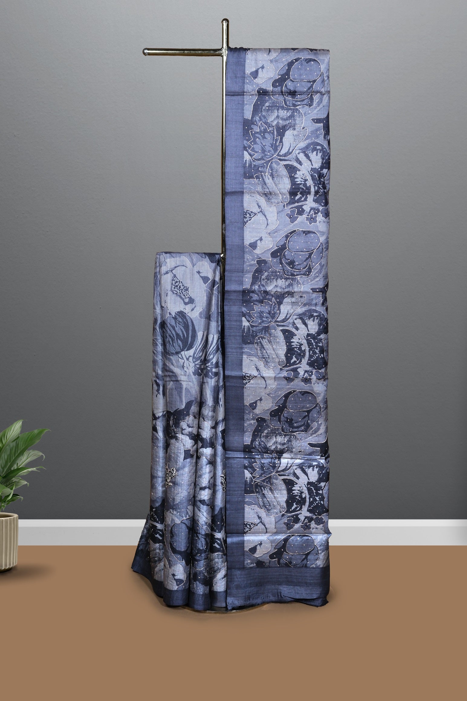 Grey color printed pure Tusser silk saree.