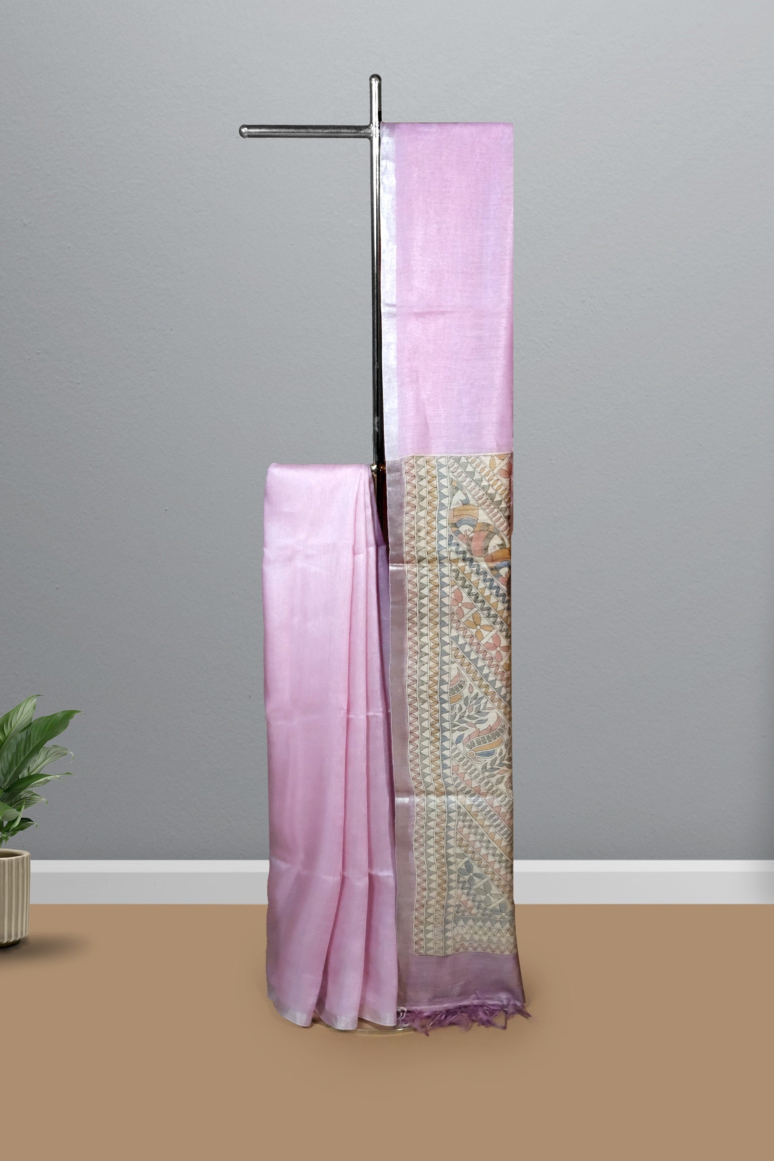 Light Lavender color printed Tusser linen saree.