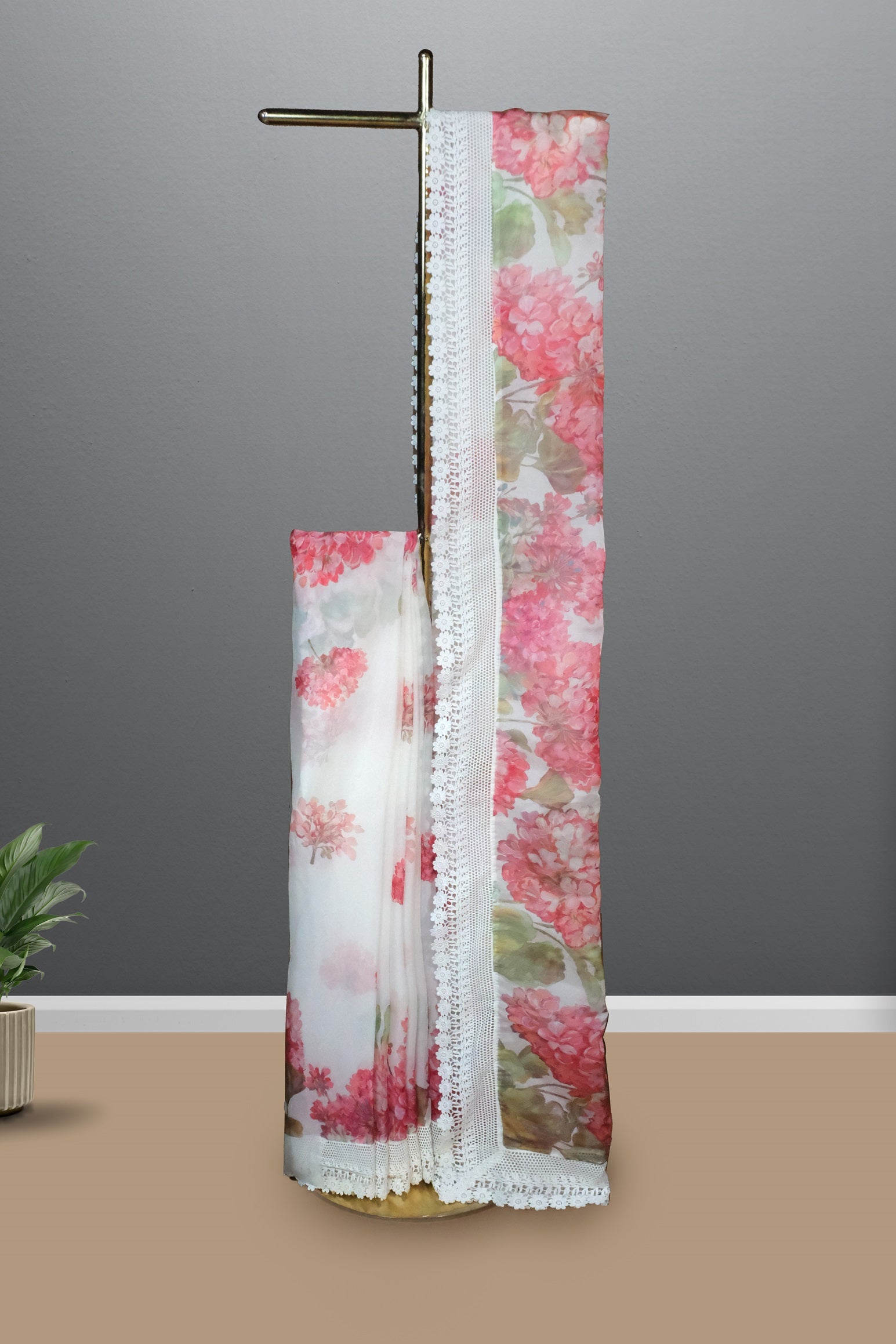 White color soft Organza printed saree.