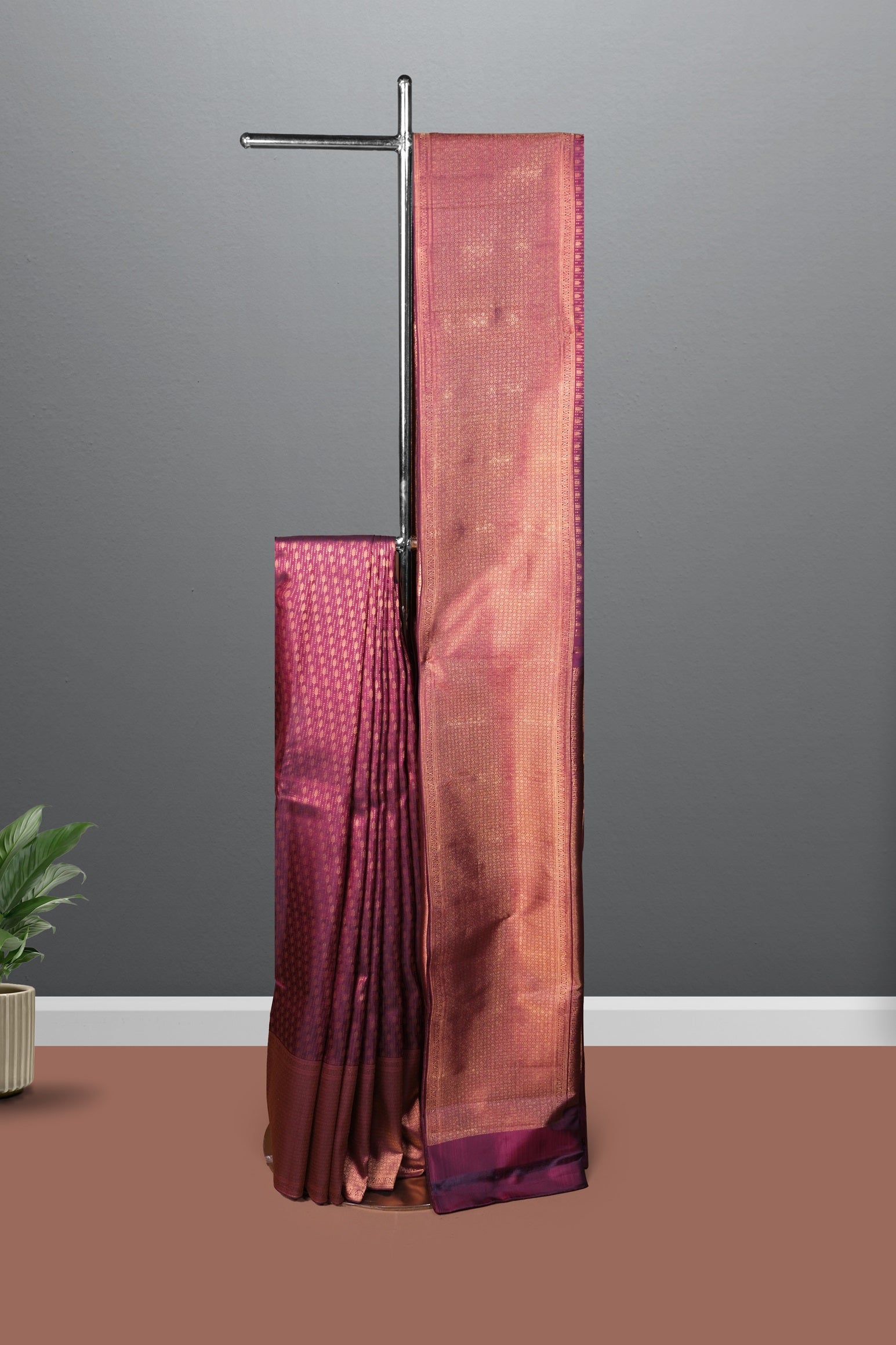 Magenta color Kanchipuram wedding saree.