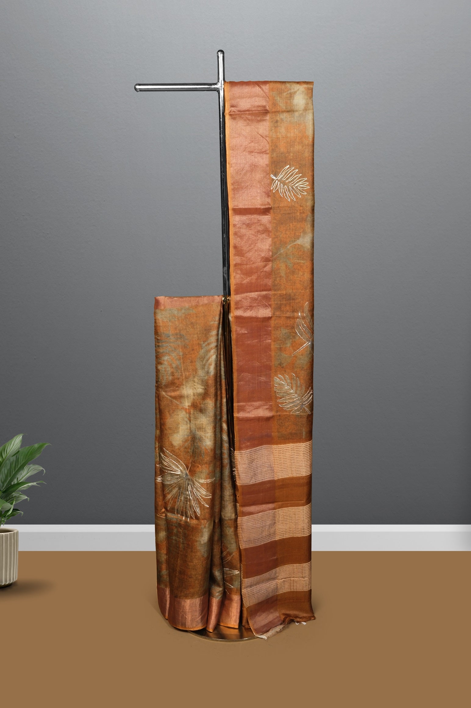 Ginger color Tusser soft silk saree.