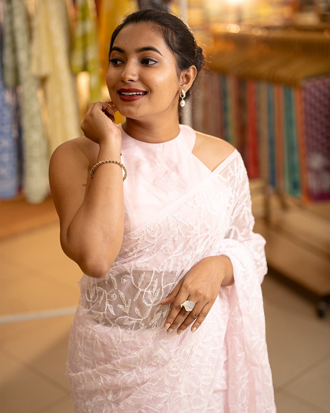 Baby pink colour semi georgette Chikankari saree