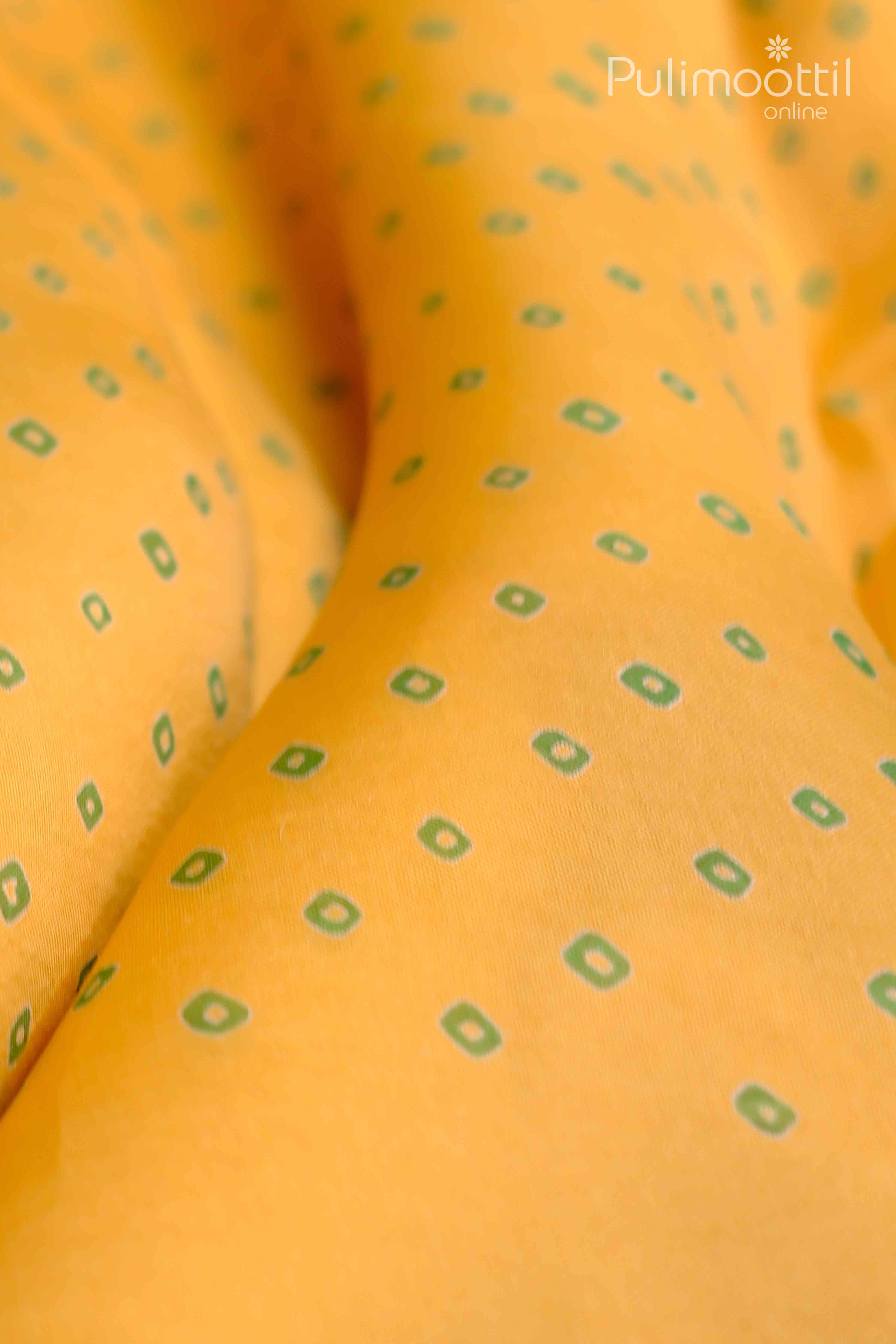 Yellow saree with green diamond-shaped prints, displayed on a mannequin focusing on the neckline area