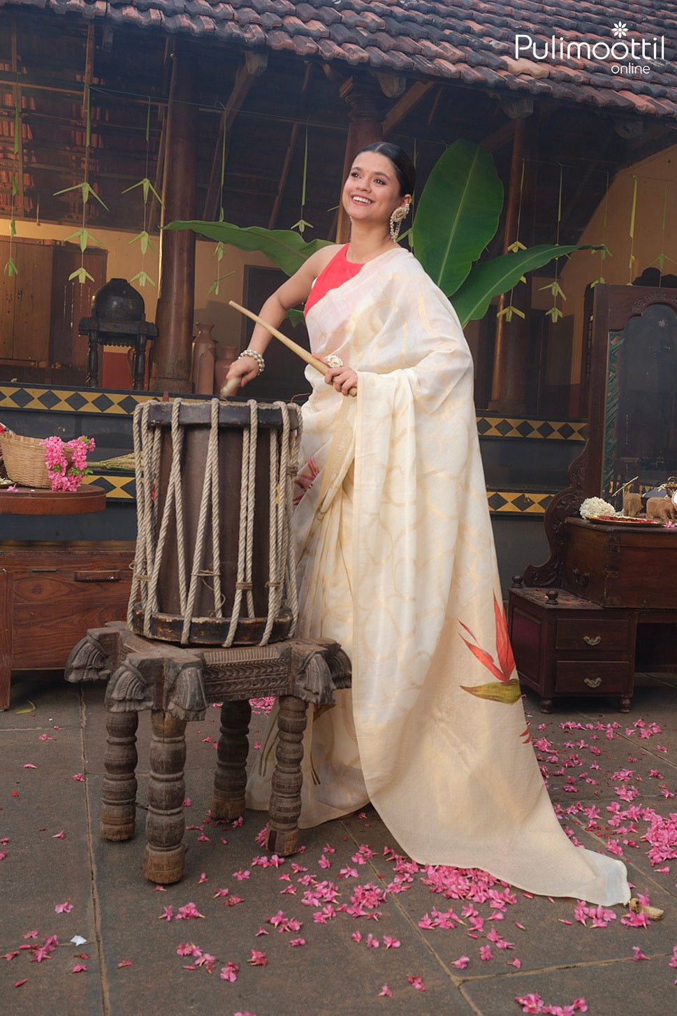 Off White Colour Semi Chanderi Traditional Saree