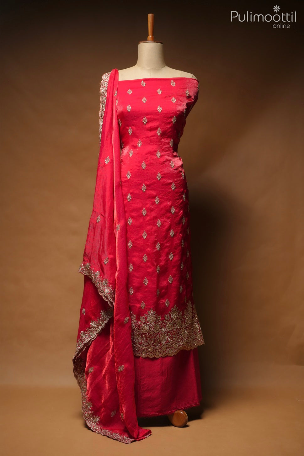 Chilli Red Velvet Organza Unstitched Salwar Set