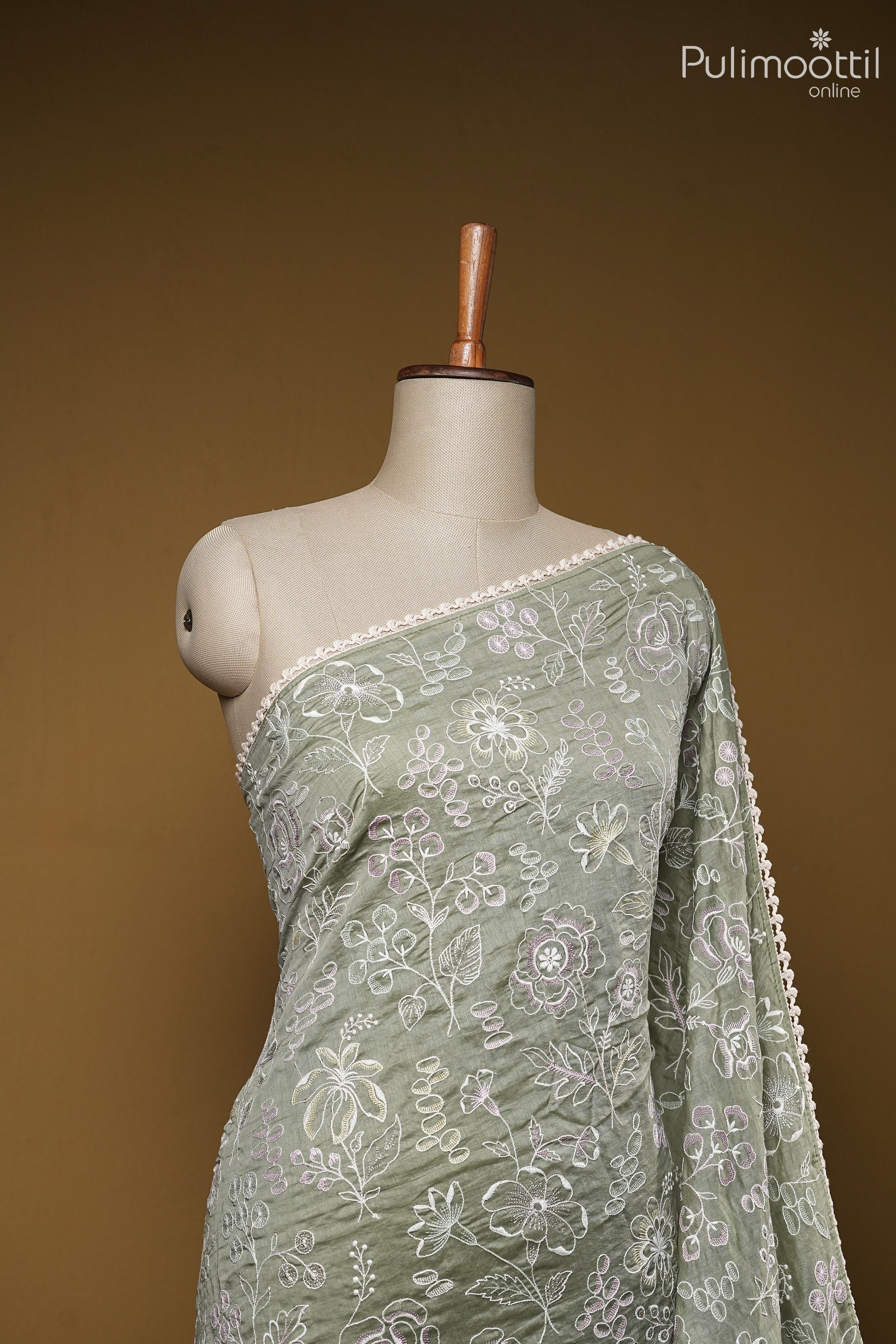 Sage green color Chanderi silk saree