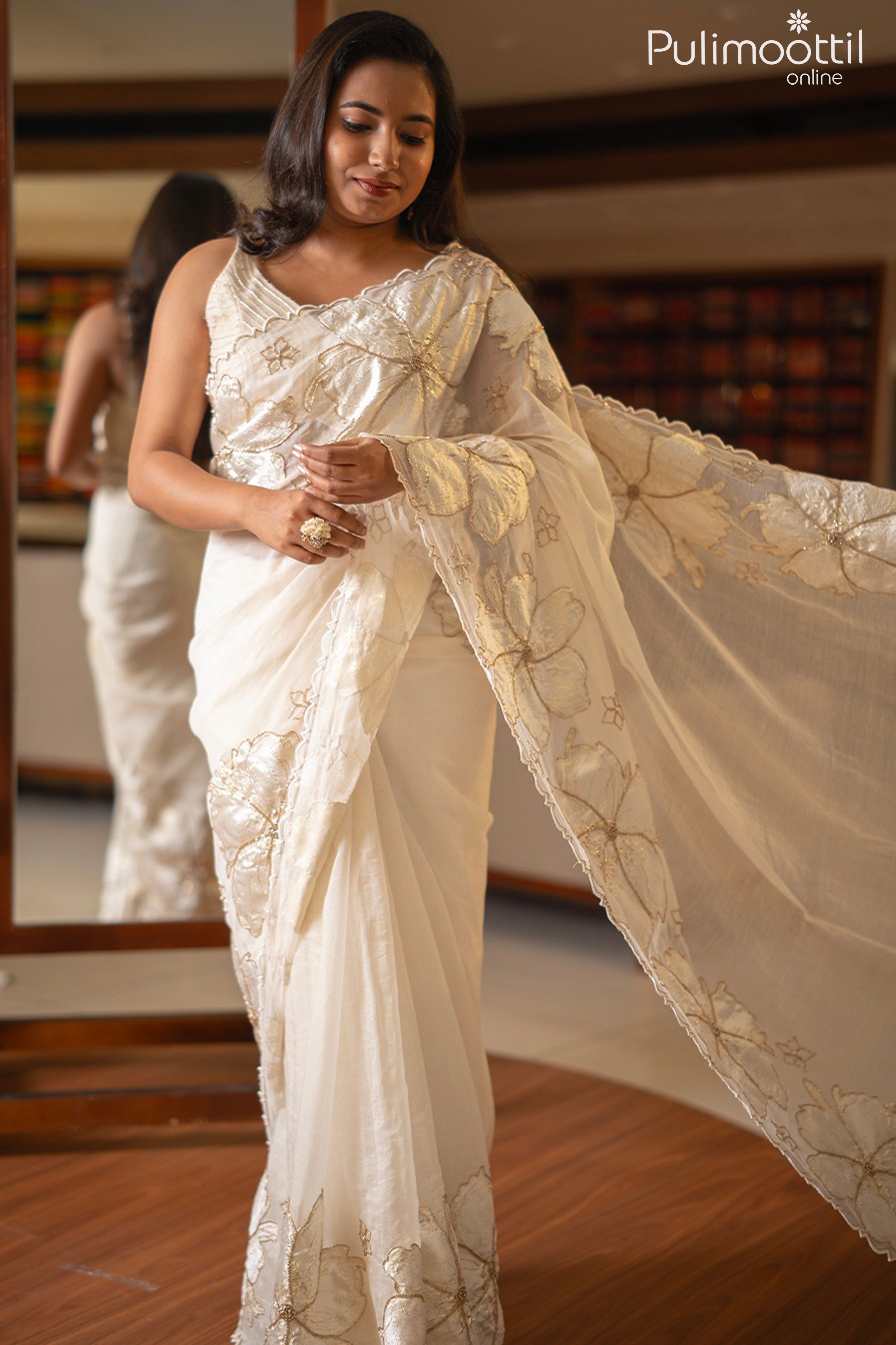 Cream color Mal Chanderi saree