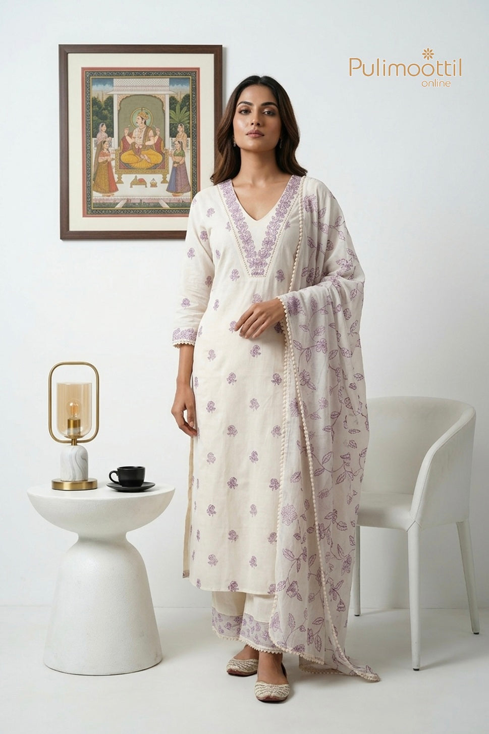 Off White Chanderi Unstitched Salwar Set