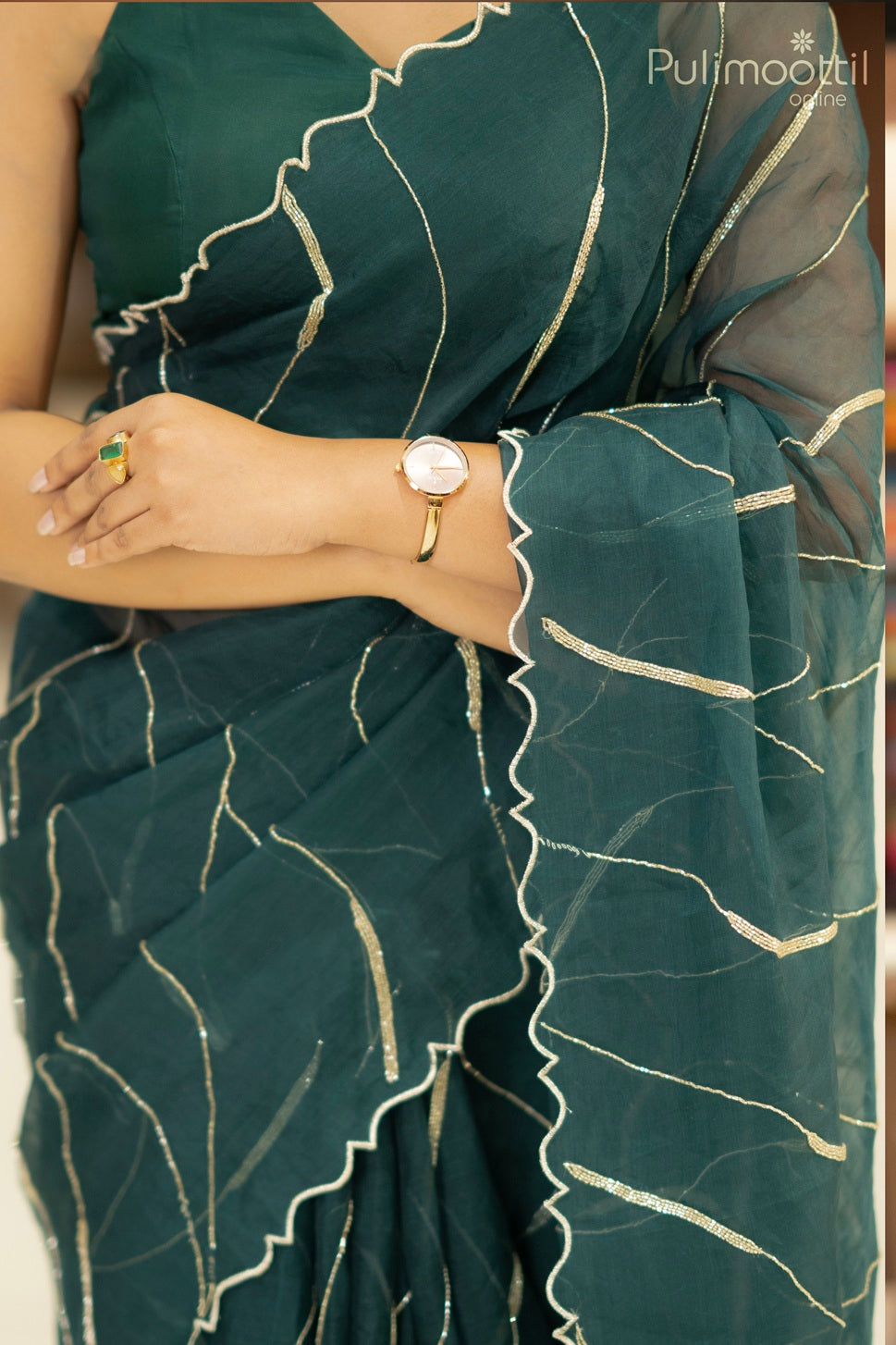 Bottle green color organza saree