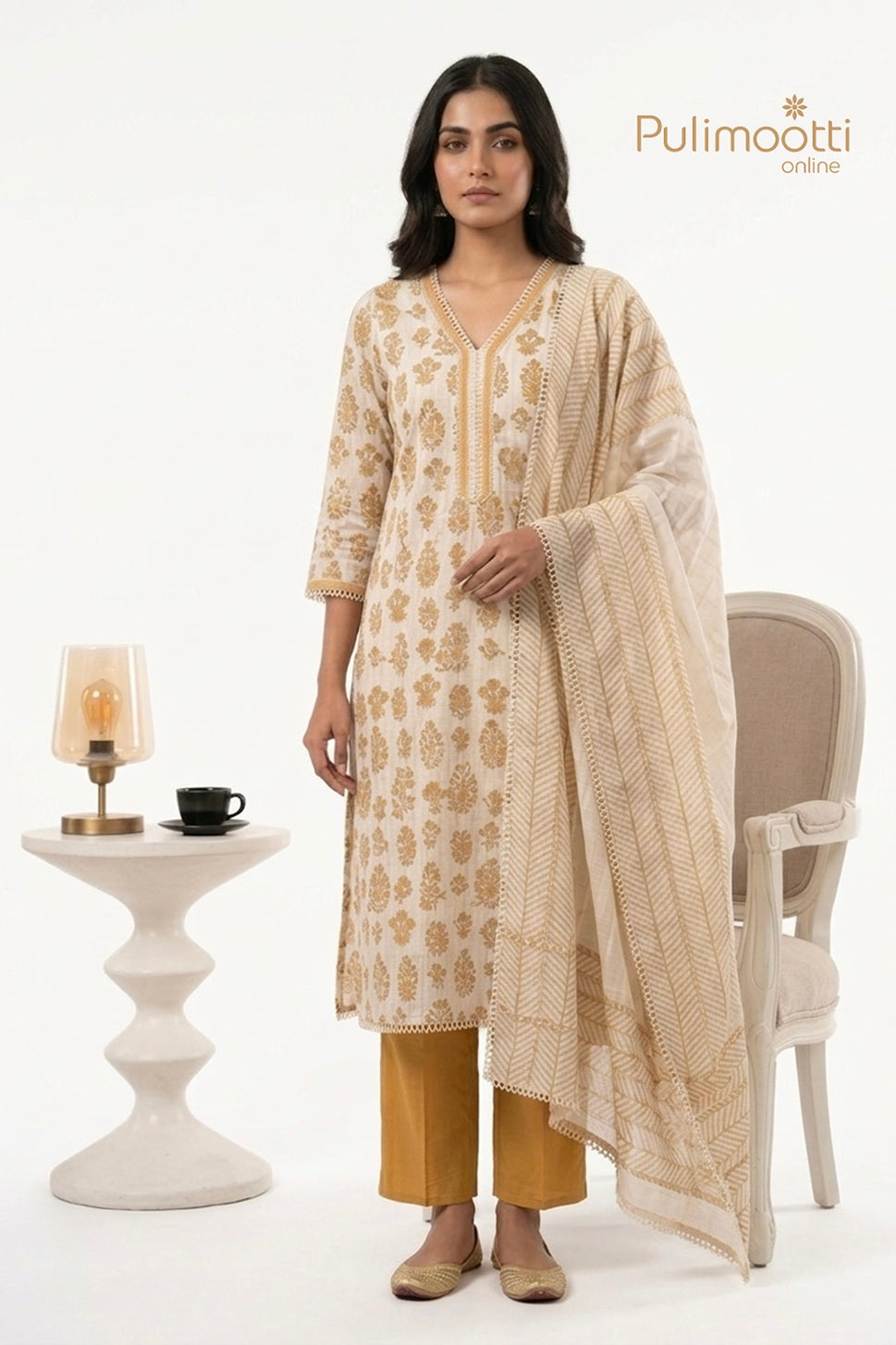 Off White Cotton Unstitched Salwar Set
