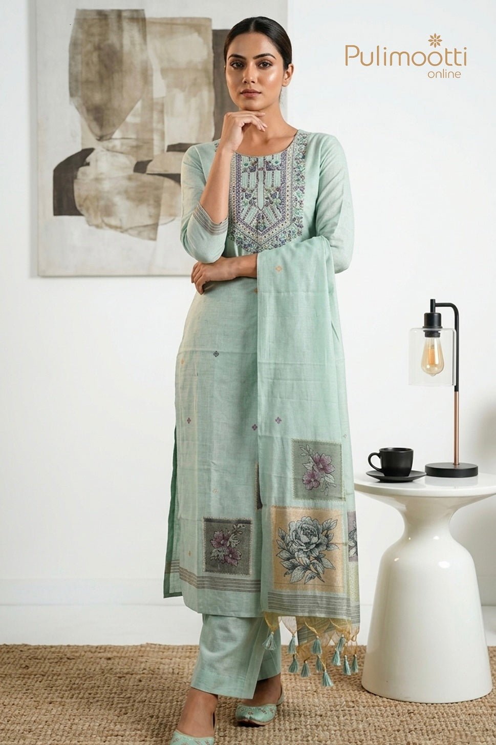 Olive Green Semi Chanderi Unstitched Salwar Set